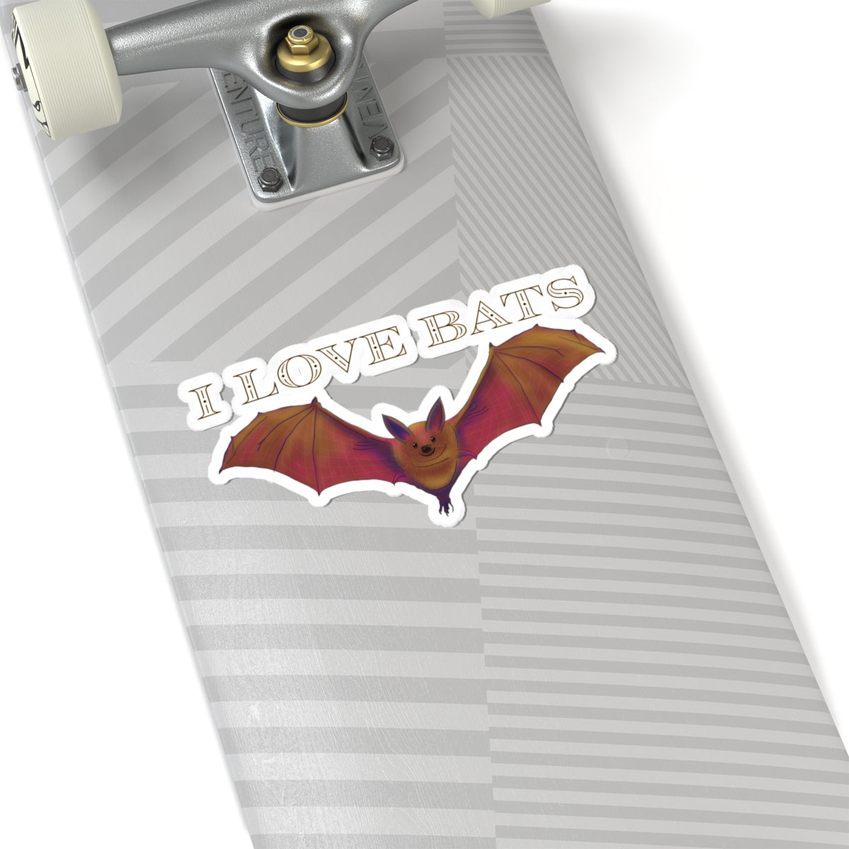 Large sticker featuring a drawing of a brown bat in flight with text that says 'I love bats.' The sticker is adhered to a skateboard