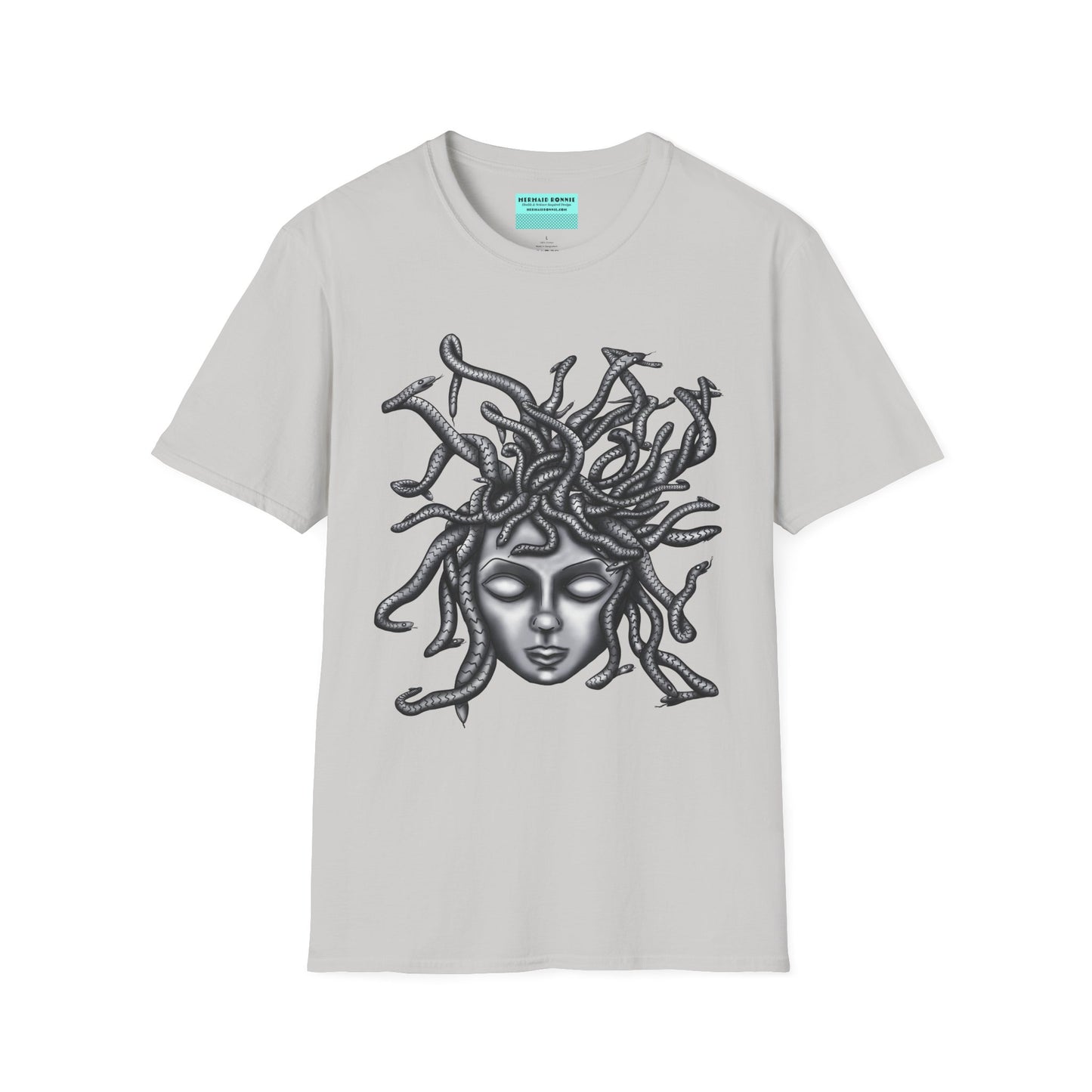 Ice grey t-shirt featuring a grayscale drawing of Medusa.