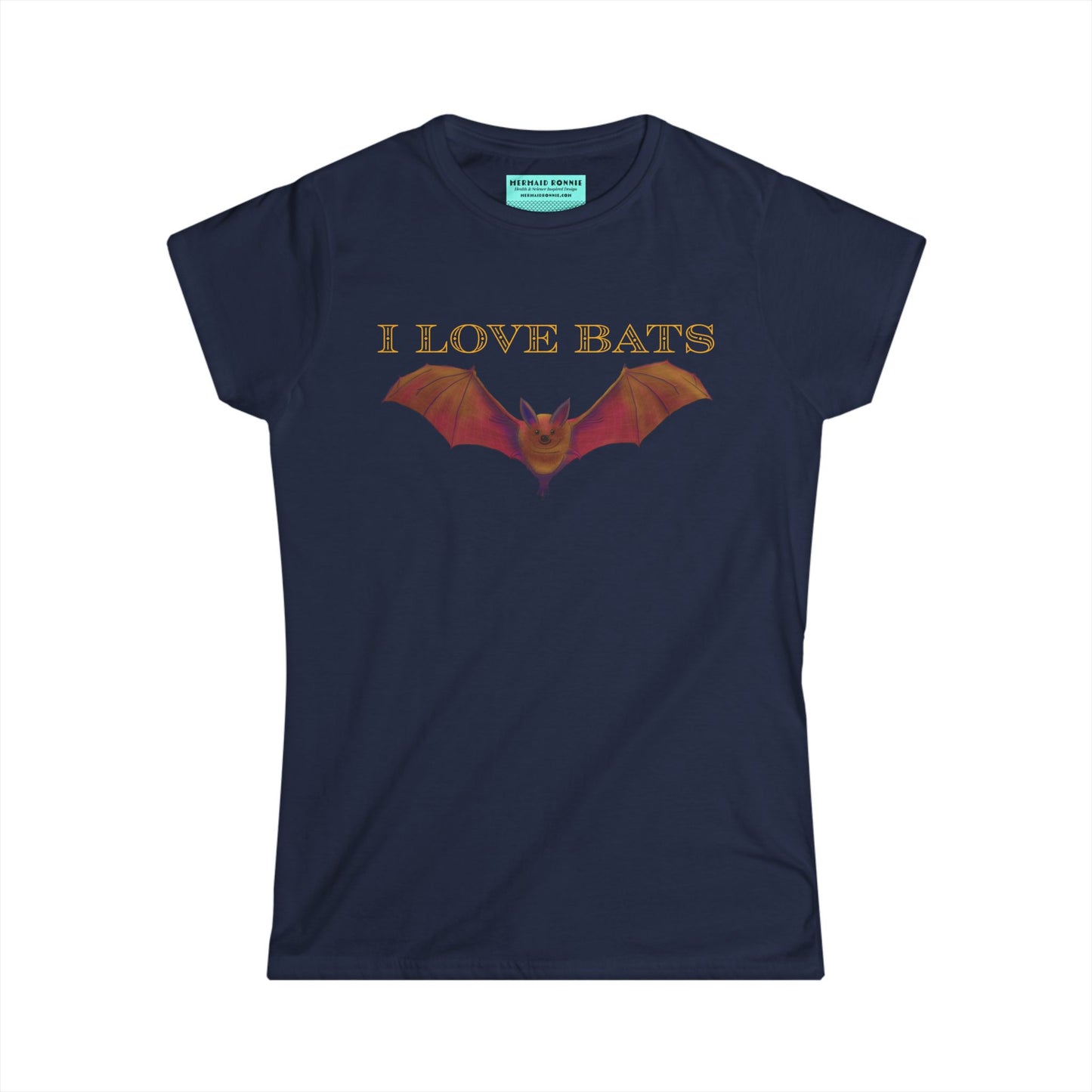 Women’s t-shirt in navy featuring a drawing of a brown bat and text that reads 'I love bats.'