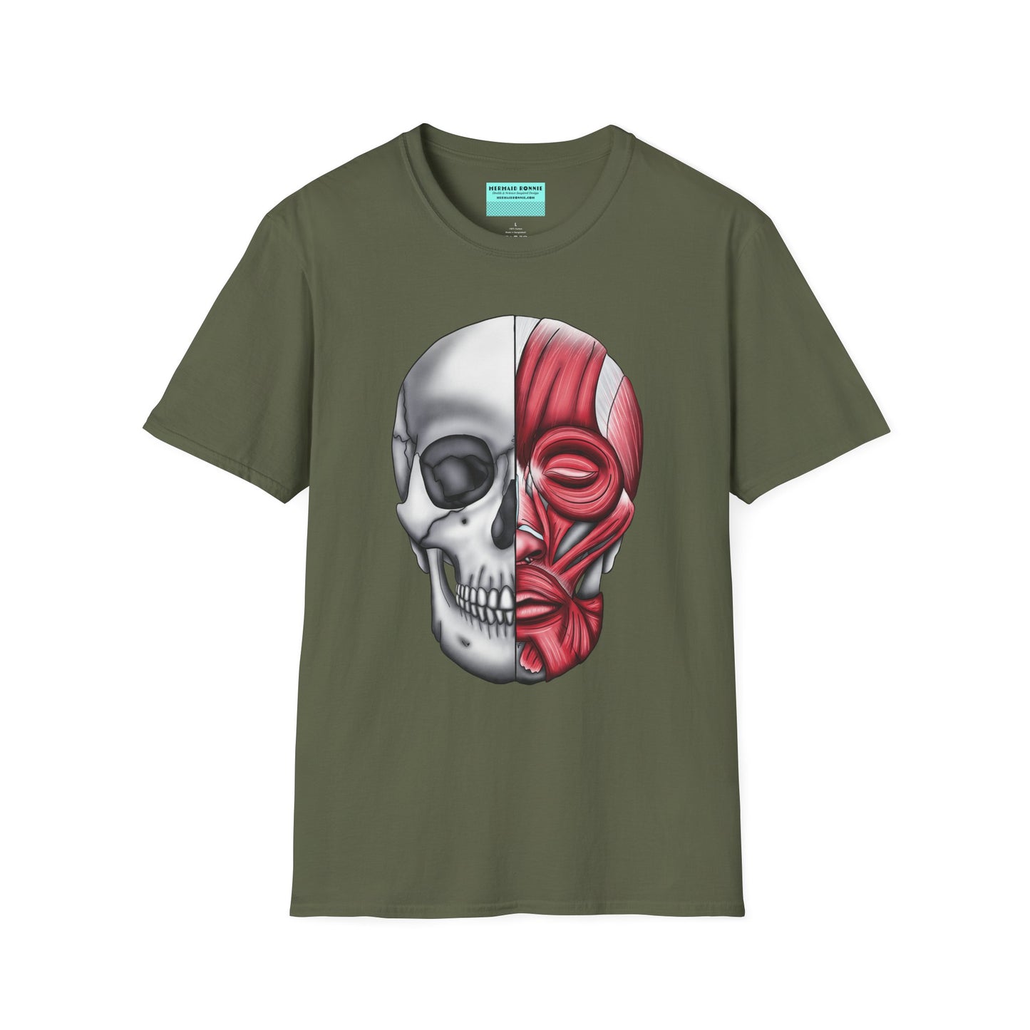 Military green shirt featuring an anatomically correct skull illustration, with half of the skull covered by facial muscles.