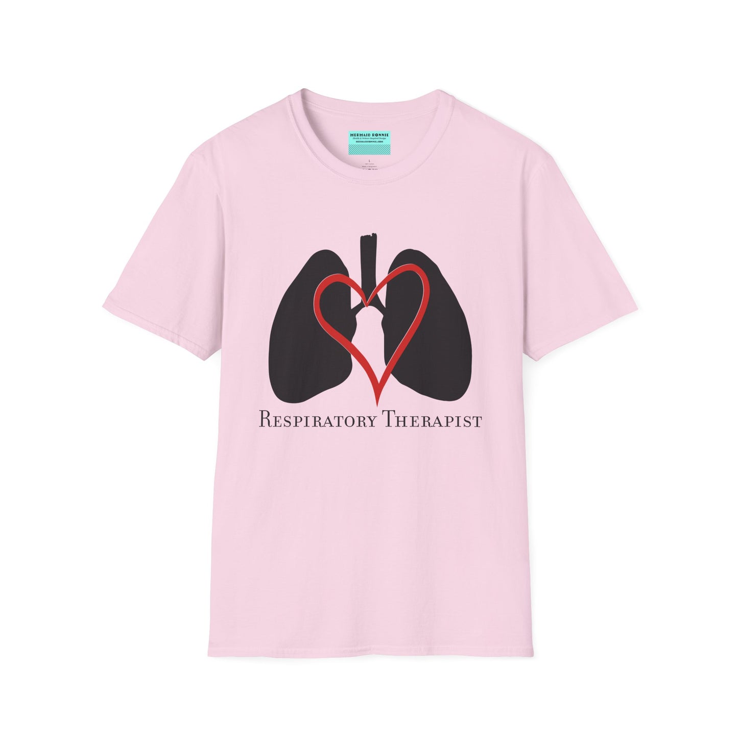 Light pink unisex short sleeve t-shirt with a graphic illustration of a heart and lungs; the words "respiratory therapist" are printed below the design.