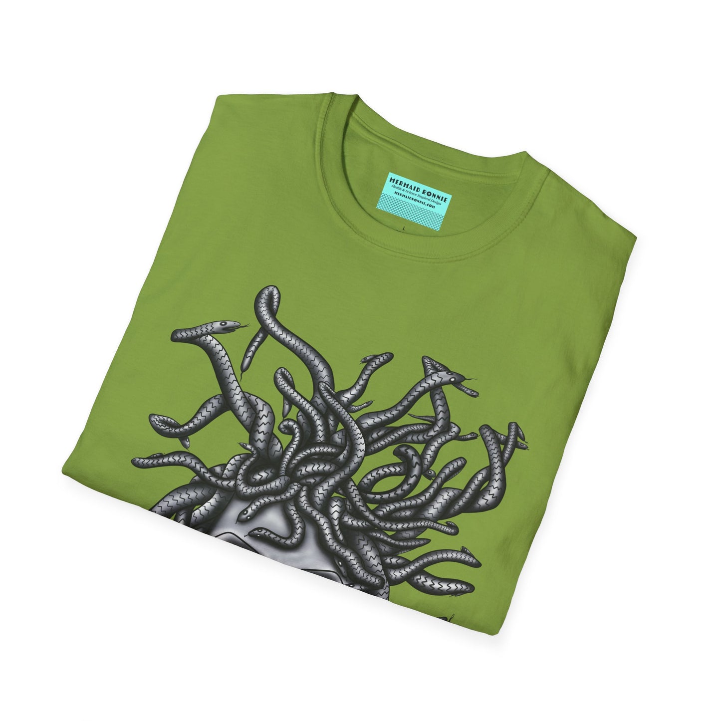 Folded green t-shirt featuring a grayscale drawing of Medusa.