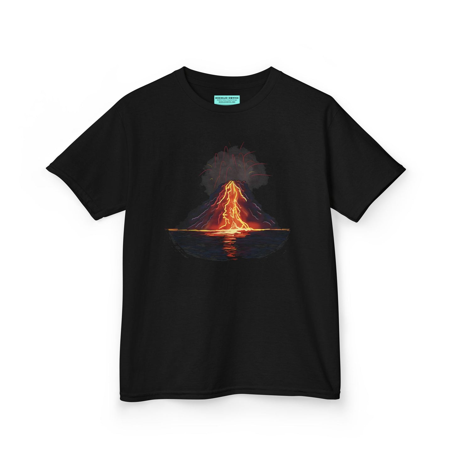 A black kid's t-shirt featuring a fiery illustration of an erupting volcano—because even the most explosive adventures start with a great outfit!