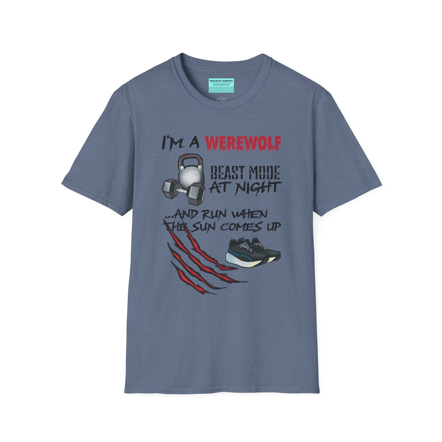 Slate blue t-shirt featuring illustrations of kettlebells, dumbbells, and running shoes, with the phrase 'I'm a werewolf. Beast mode at night, and run when the sun comes up.'