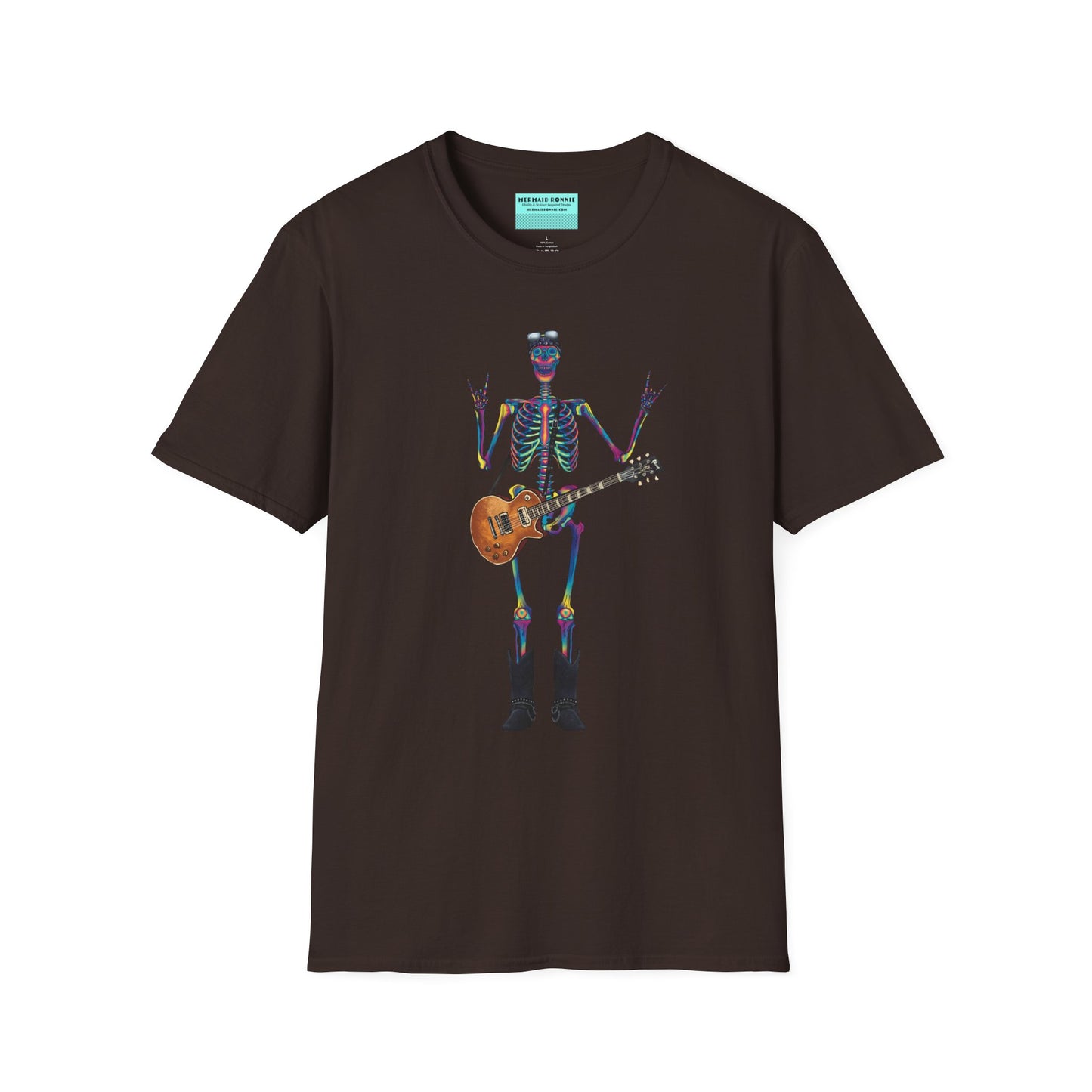 Brown t-shirt featuring a tie-dye skeleton holding a guitar, dressed like a classic rocker with boots, a bandana, and rock-style clothing.