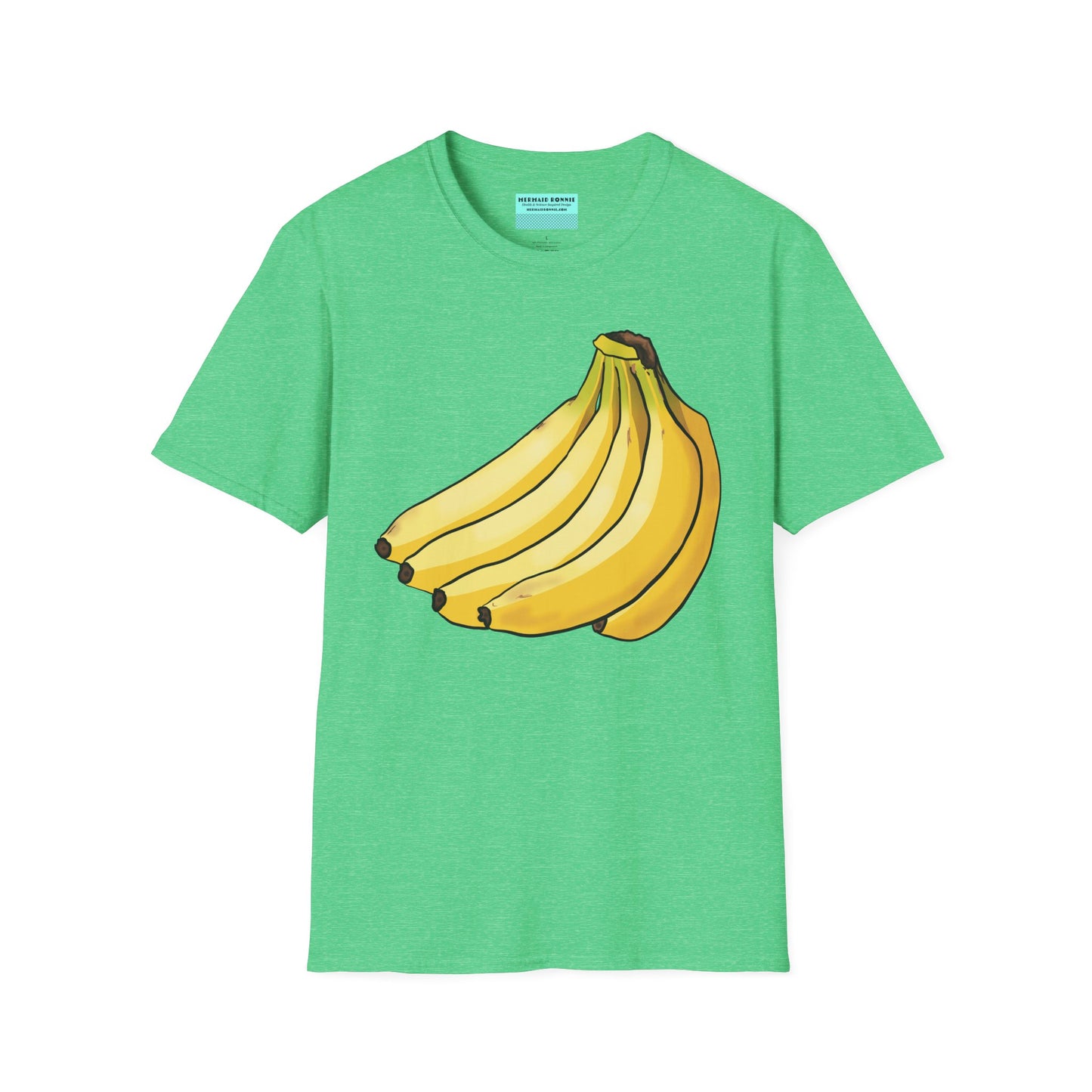 Green t-shirt featuring an illustration of a bunch of bananas.
