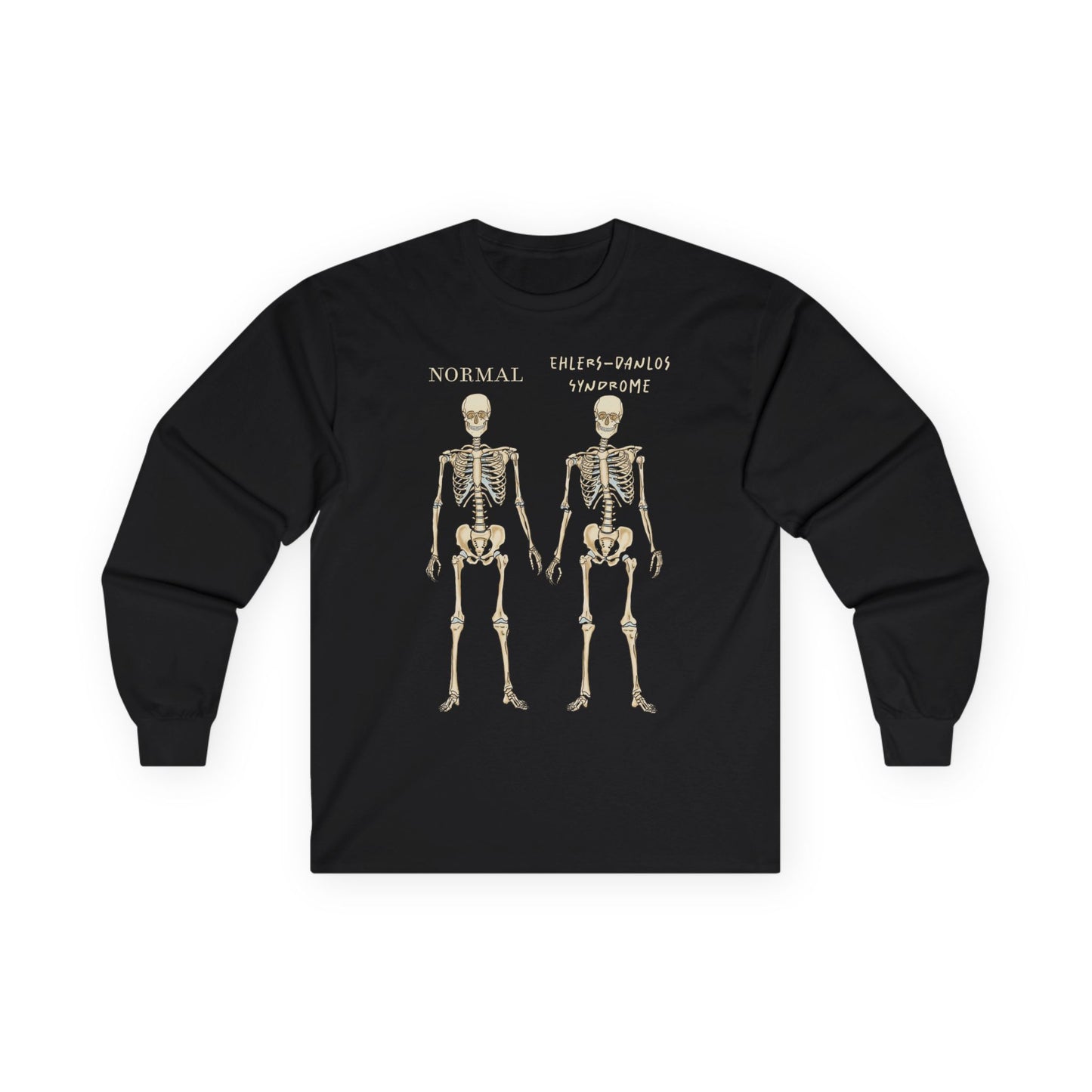 A black long sleeve shirt with two skeletons side by side—one labeled "normal," the other "Ehlers-Danlos Syndrome"—visually showcasing the effects of EDS with a clever, anatomy-inspired twist.