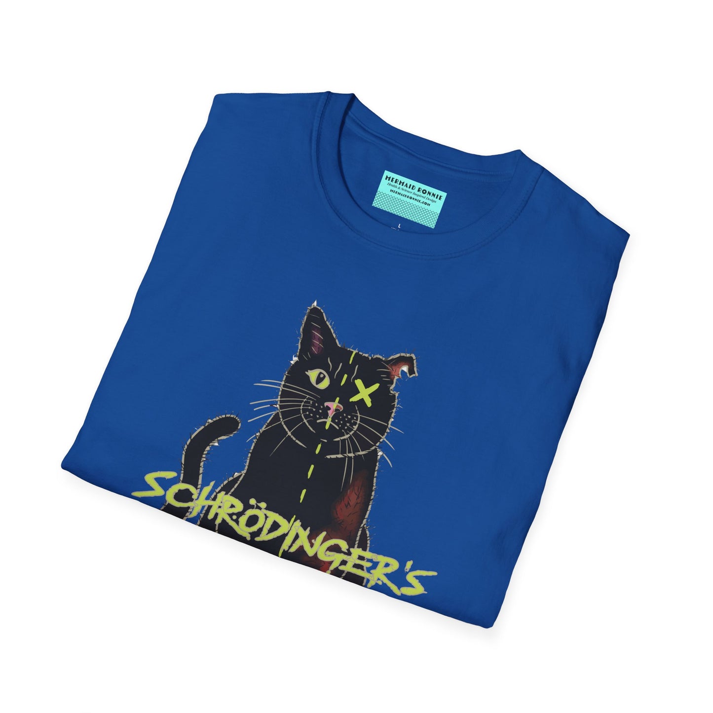 Folded blue unisex short-sleeve tee featuring the infamous Schrödinger’s cat—half-alive, half-dead, and fully committed to quantum confusion. The feline paradox lounges proudly beneath the words "Schrödinger's Cat," because science jokes are both alive and kicking and six feet under.
