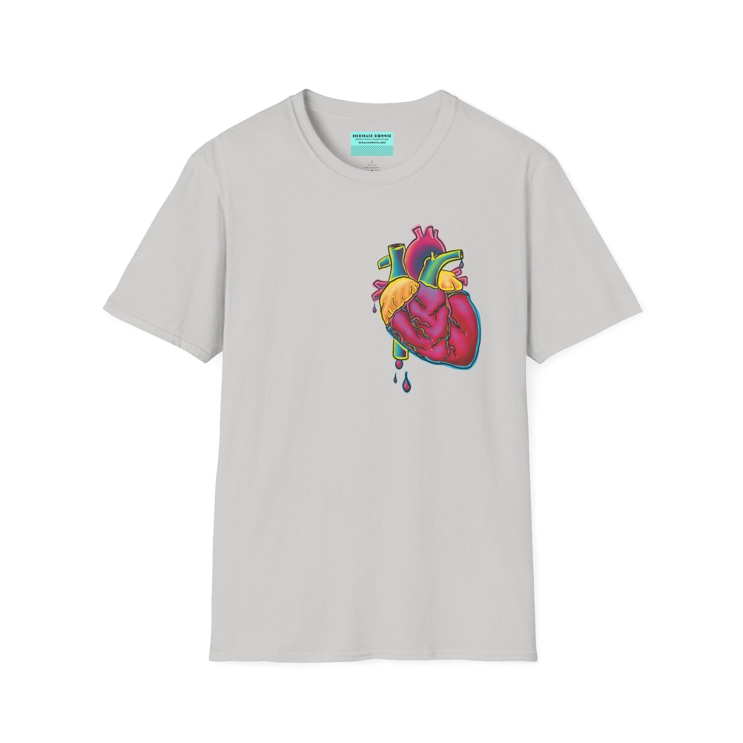 Grey unisex short sleeve t-shirt featuring a bold neon anatomical heart front and off-center, complete with dripping blood vessels—because nothing says “wear your heart on your sleeve” like wearing it smack on your chest in highlighter tones.