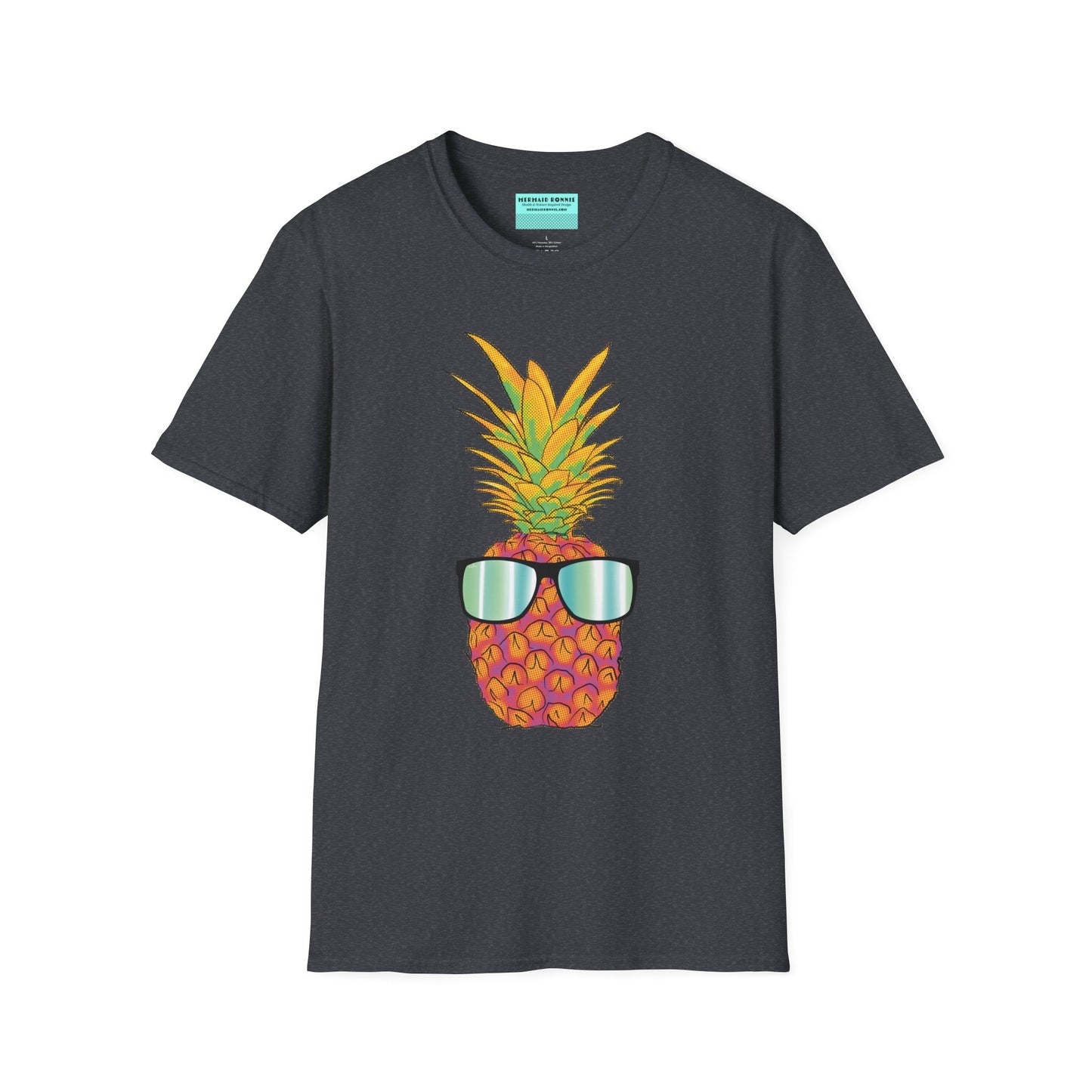 Dark grey t-shirt featuring a drawing of a pineapple wearing sunglasses.