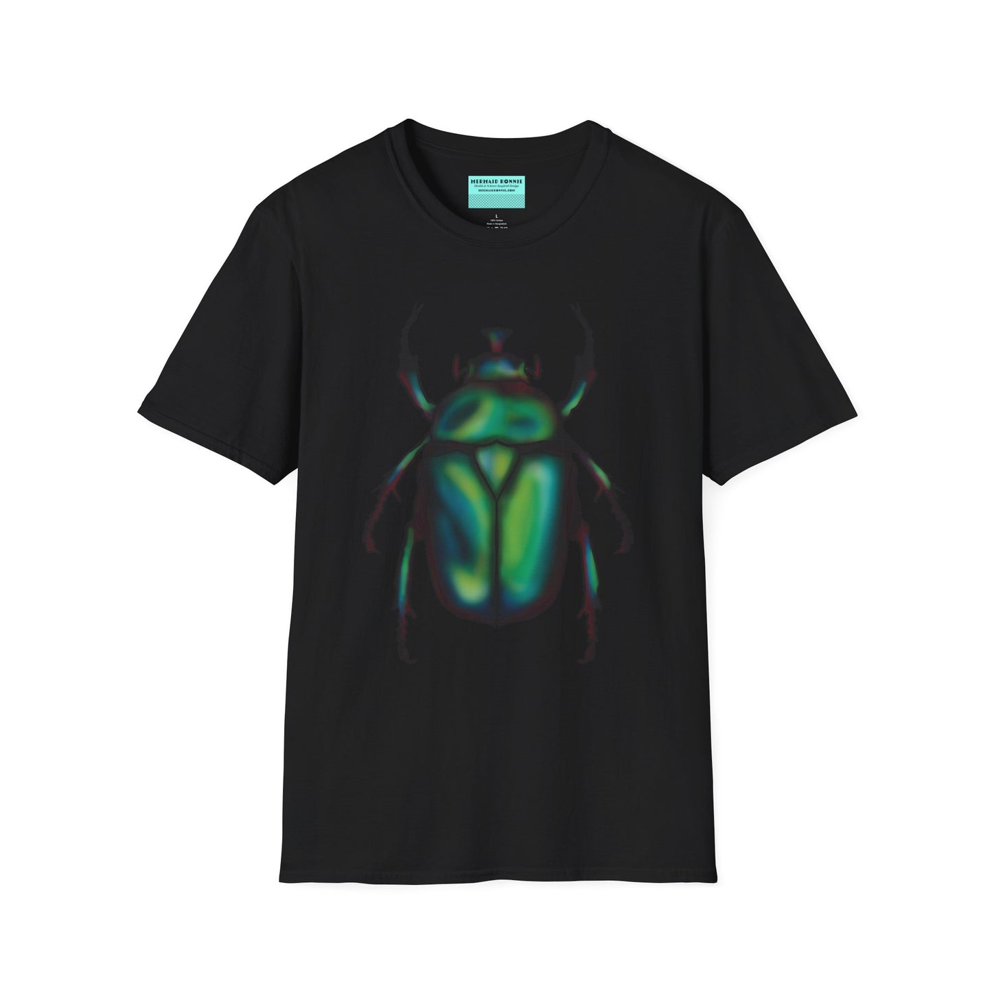 Black t-shirt featuring an illustration of a June bug (green chafer beetle) across the chest.