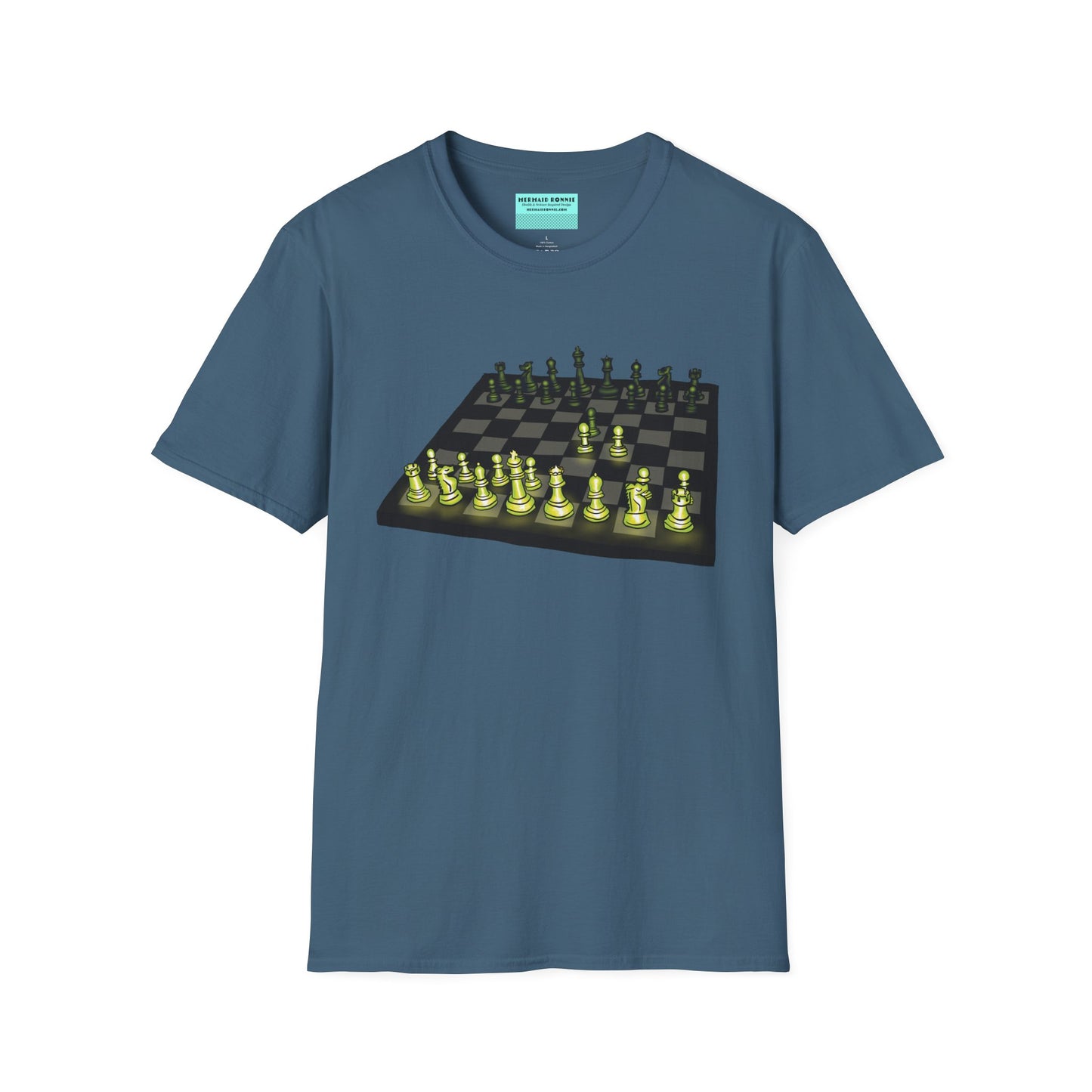 Indigo blue unisex short-sleeve t-shirt featuring an electrifying chess board with glowing pieces mid–Queen’s Gambit, because nothing says “checkmate” like opening with flair and a radiant strategy.