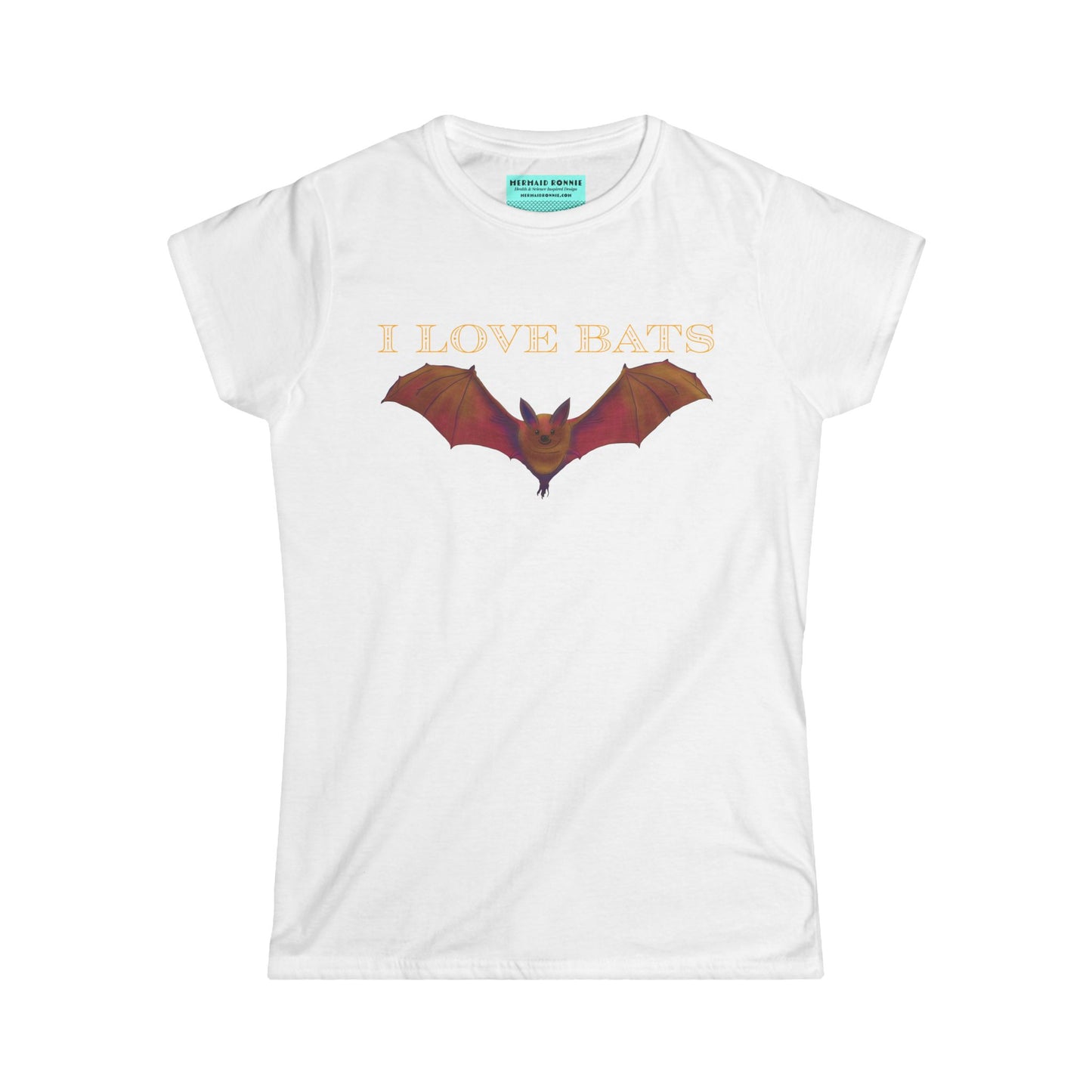 Women’s t-shirt in white featuring a drawing of a brown bat and text that reads 'I love bats.'