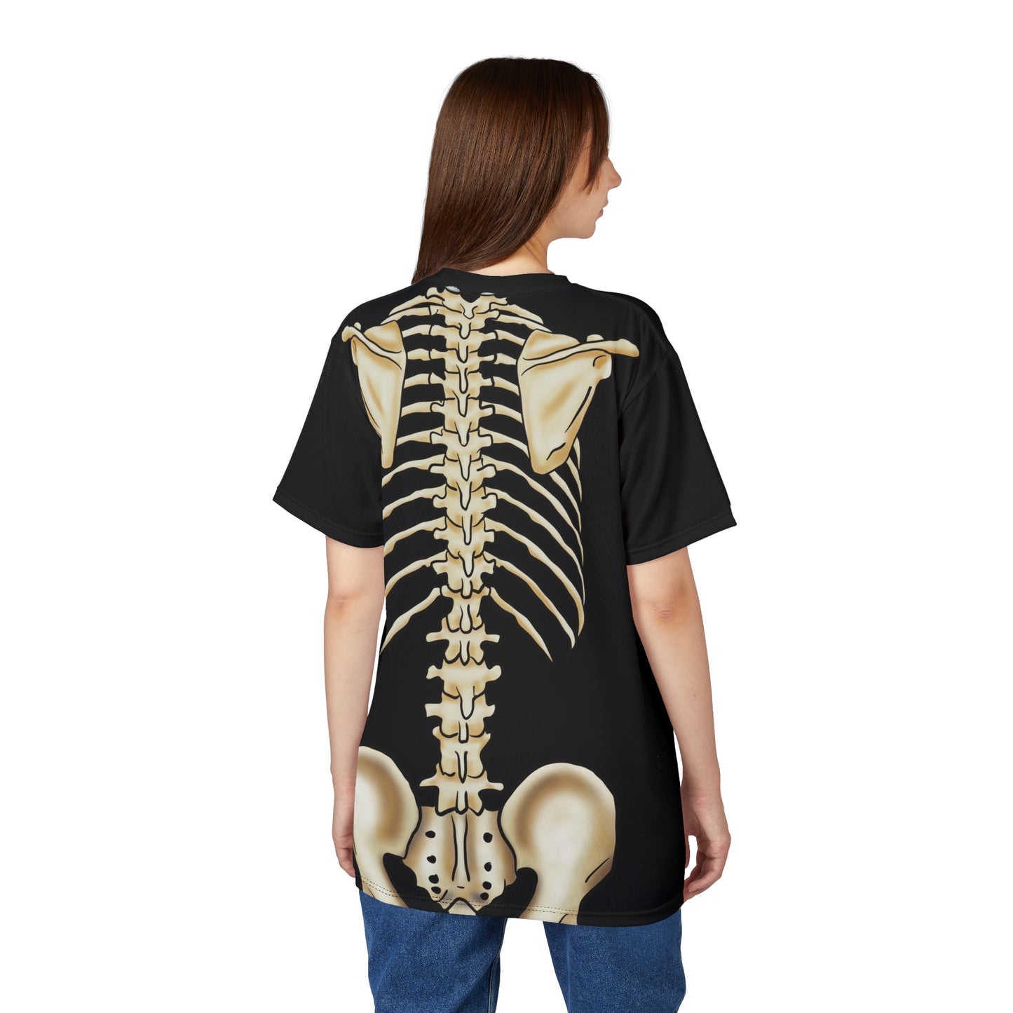 Posterior view of a woman wearing a unisex black athletic t-shirt with a detailed anatomical skeleton design that looks like an x-ray—perfect for when you want to flex your muscles and your inner structure.