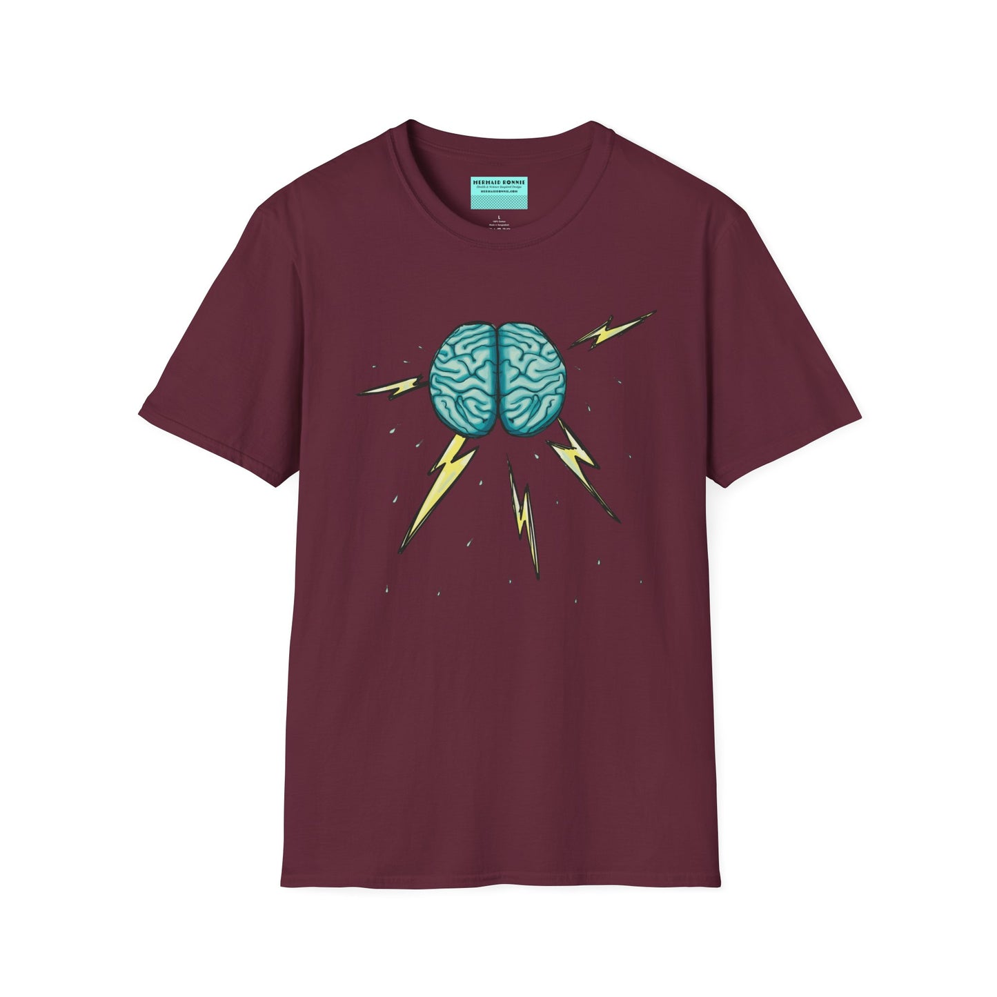 Burgundy unisex short sleeve tee featuring an illustration of a brain with lightning bolts and rain pouring from it, giving a literal twist to the term "brainstorm"—because sometimes, even the best ideas need a little weathering!