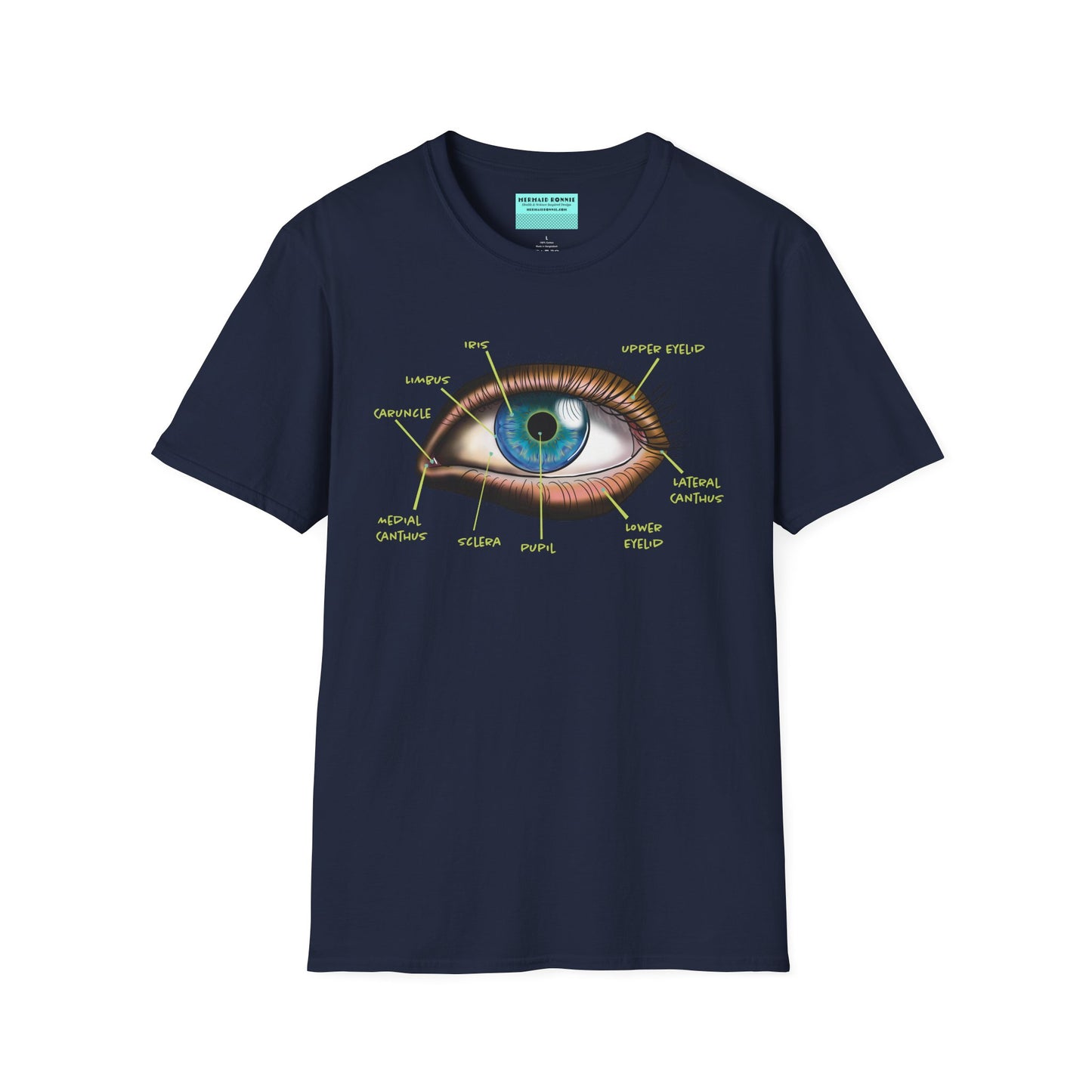 Navy shirt featuring an anatomical diagram of an eye, with labeled parts of the eye displayed.