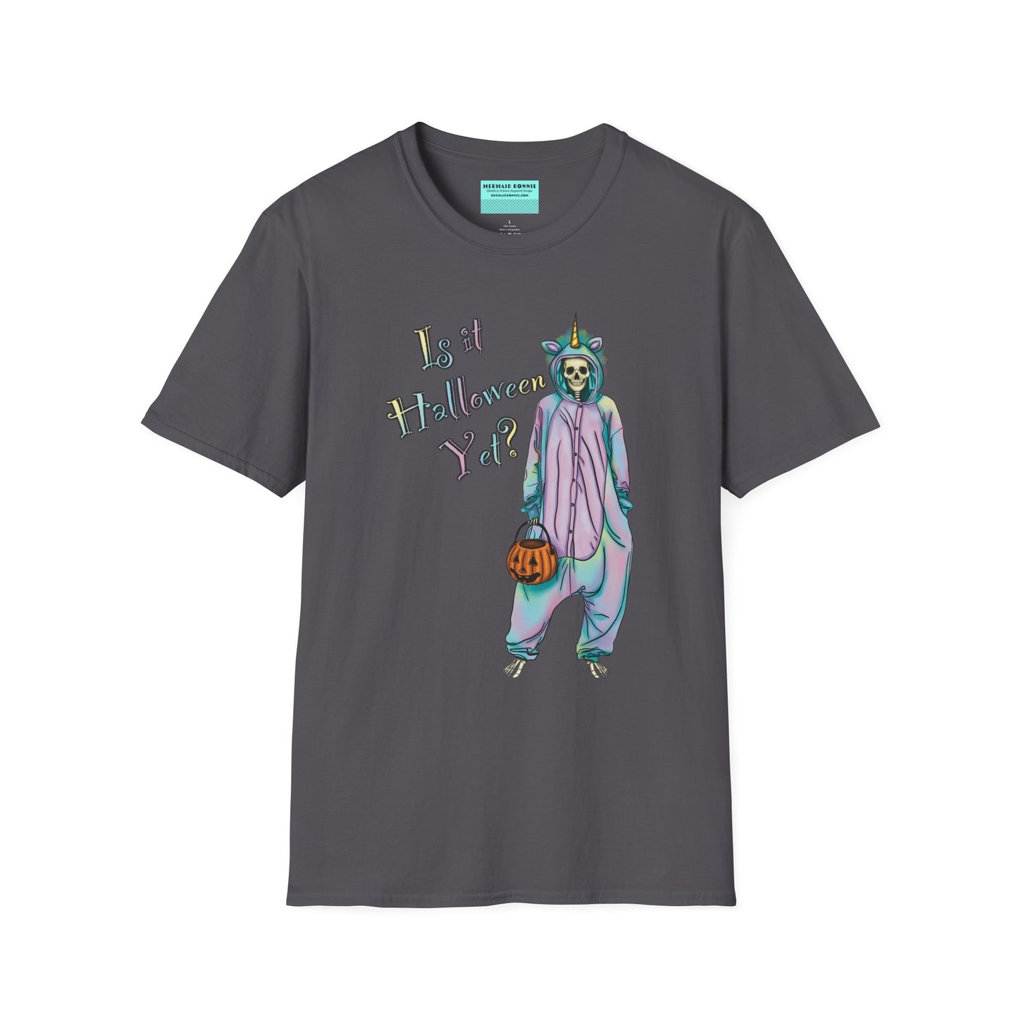 Dark grey t-shirt featuring a drawing of a skeleton in a unicorn costume onesie, with the phrase 'Is it Halloween yet?' printed on it.