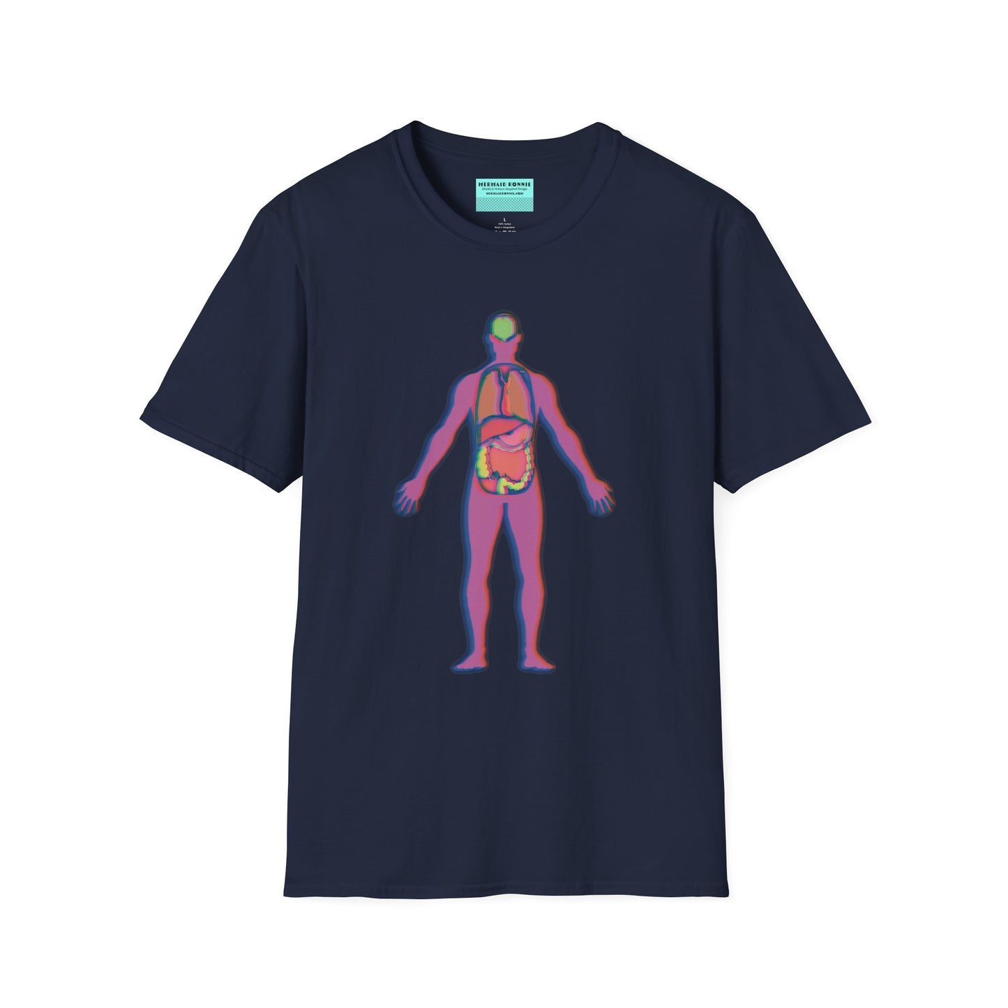 Navy t-shirt featuring an illustration of an anatomical figure with internal organs shown in different colors.