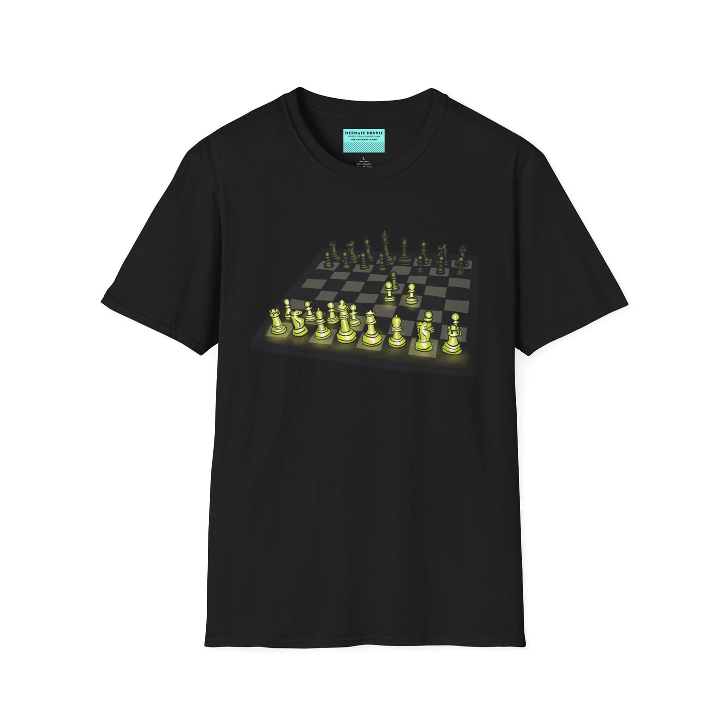 Black unisex short-sleeve t-shirt featuring an electrifying chess board with glowing pieces mid–Queen’s Gambit, because nothing says “checkmate” like opening with flair and a radiant strategy.