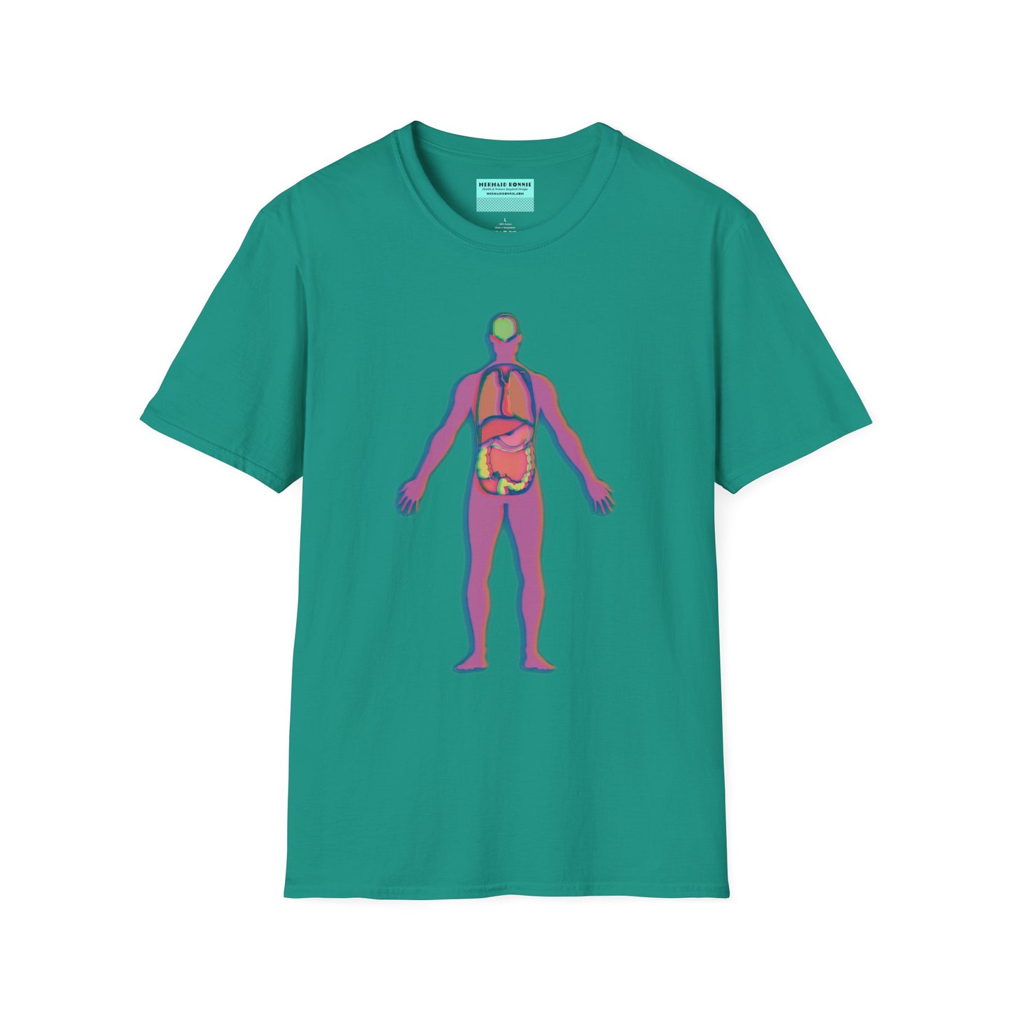 Green t-shirt featuring an illustration of an anatomical figure with internal organs shown in different colors.