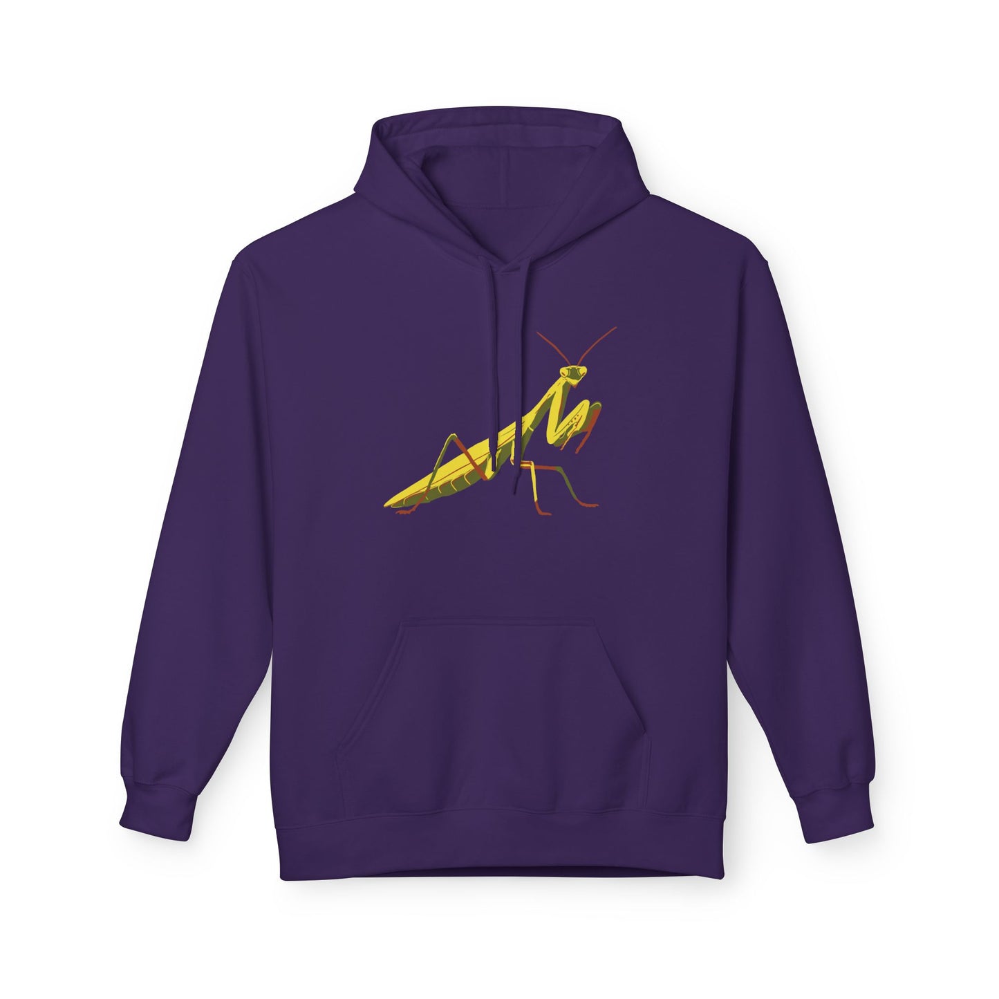 A purple unisex pullover hoodie featuring a striking illustration of a yellow and green praying mantis—because sometimes, you need to channel your inner insect warrior while staying cozy.