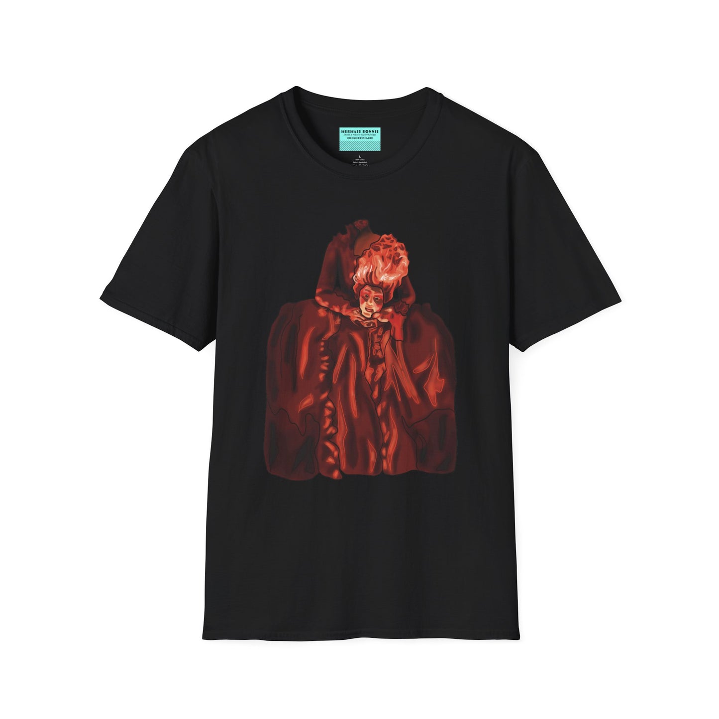 Black t-shirt featuring an illustration of a headless Marie Antoinette holding her own head in her hands.