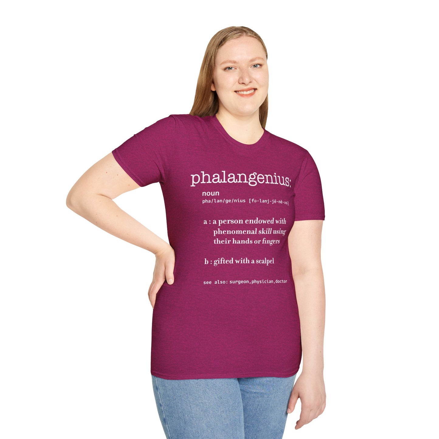 Woman wearing a fuscia t-shirt featuring a dictionary-style definition of the term 'Phalangenius,' a humorous play on the terms 'phalange' and 'genius,' aimed at surgeons.