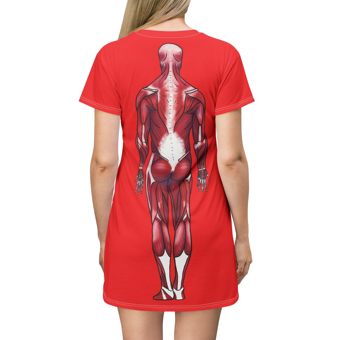 Woman wearing a red t-shirt dress flaunting fierce anatomy—features a posterior muscular system diagram back and center, because who needs armor when your muscles are this on point?