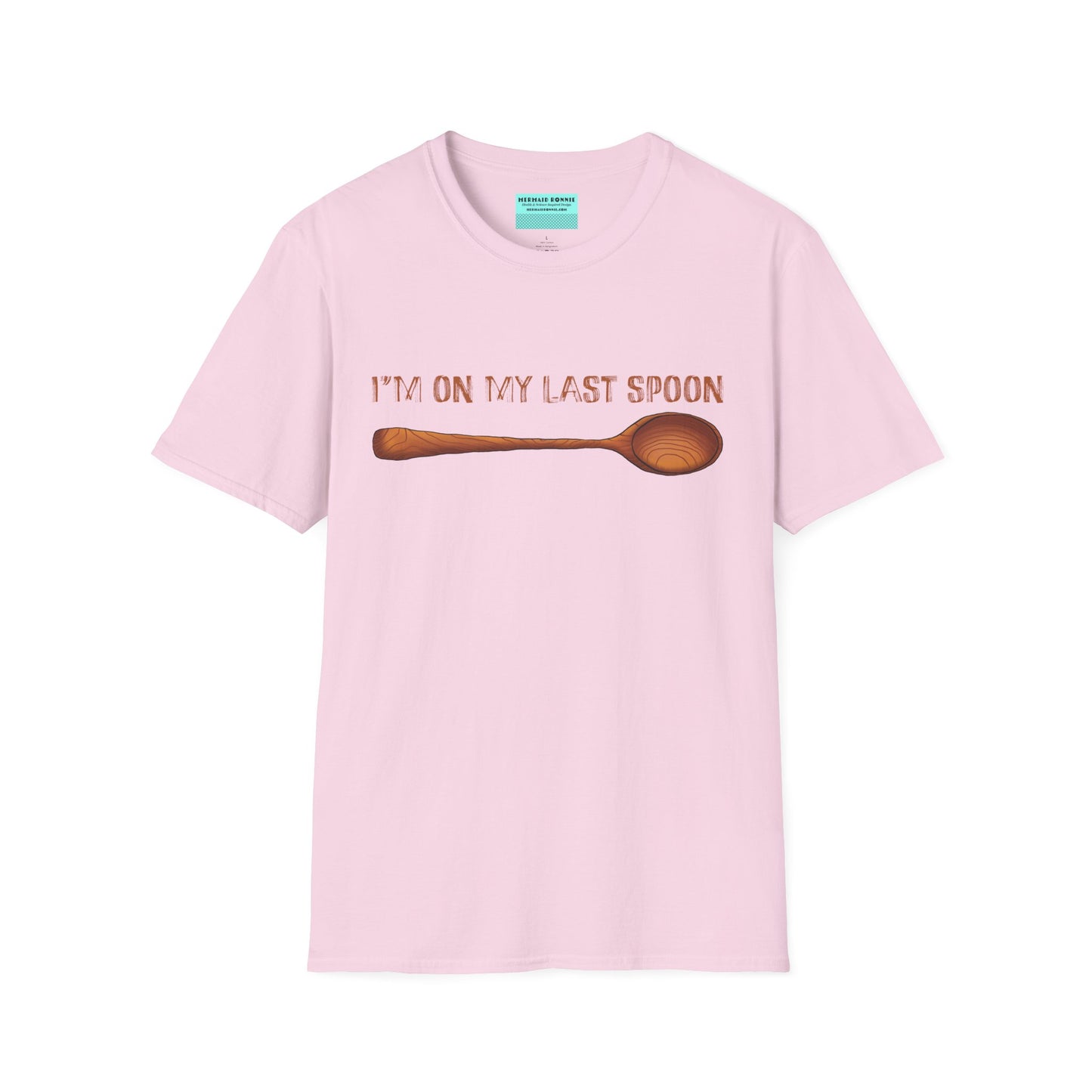 Pink t-shirt with an illustration of a wooden spoon and the phrase 'I'm on my last spoon' printed on the front.