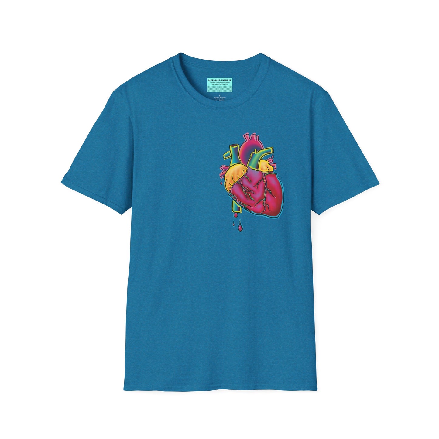 Blue unisex short sleeve t-shirt featuring a bold neon anatomical heart front and off-center, complete with dripping blood vessels—because nothing says “wear your heart on your sleeve” like wearing it smack on your chest in highlighter tones.