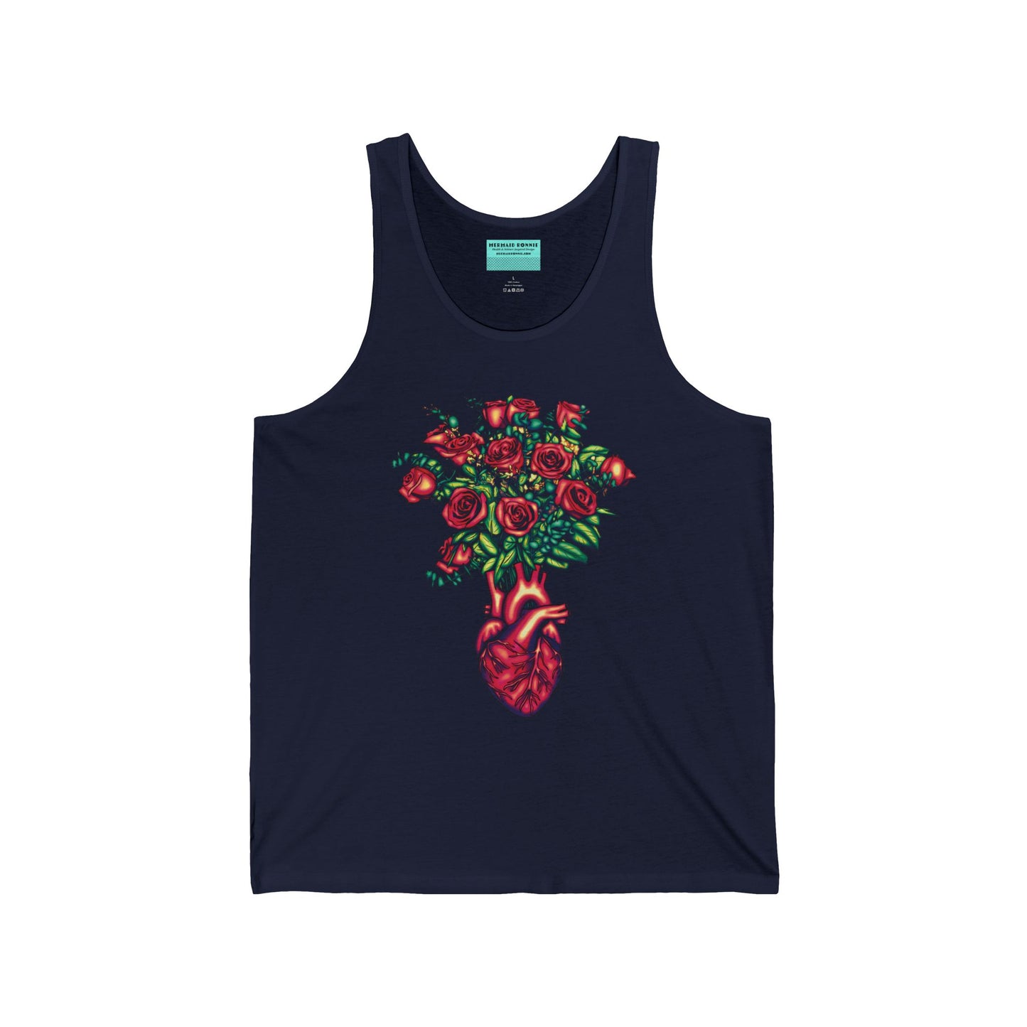 Navy unisex tank top featuring an illustration of an anatomical heart used as a vase, with a bouquet of red roses blooming from the top.