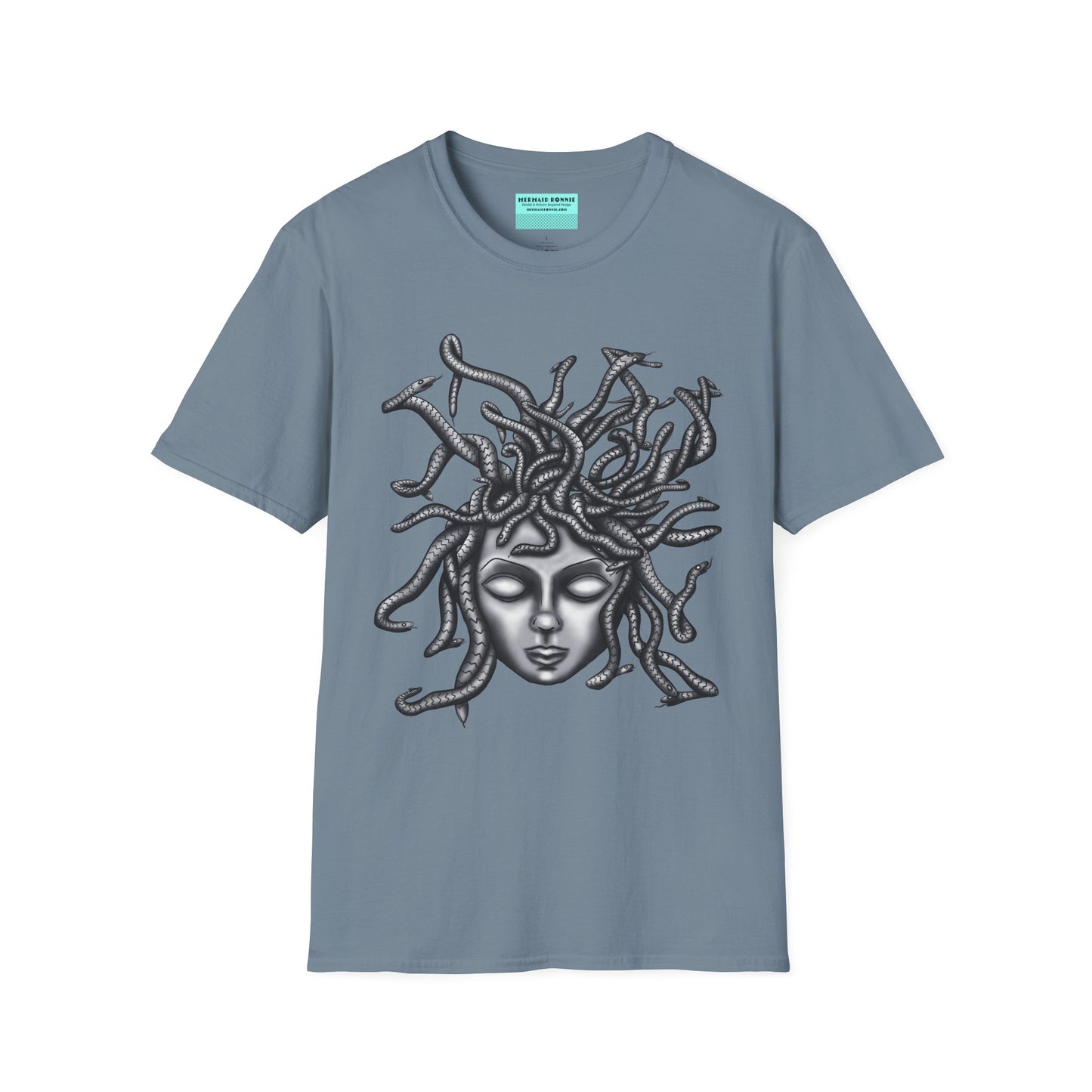 Slate blue t-shirt featuring a grayscale drawing of Medusa.