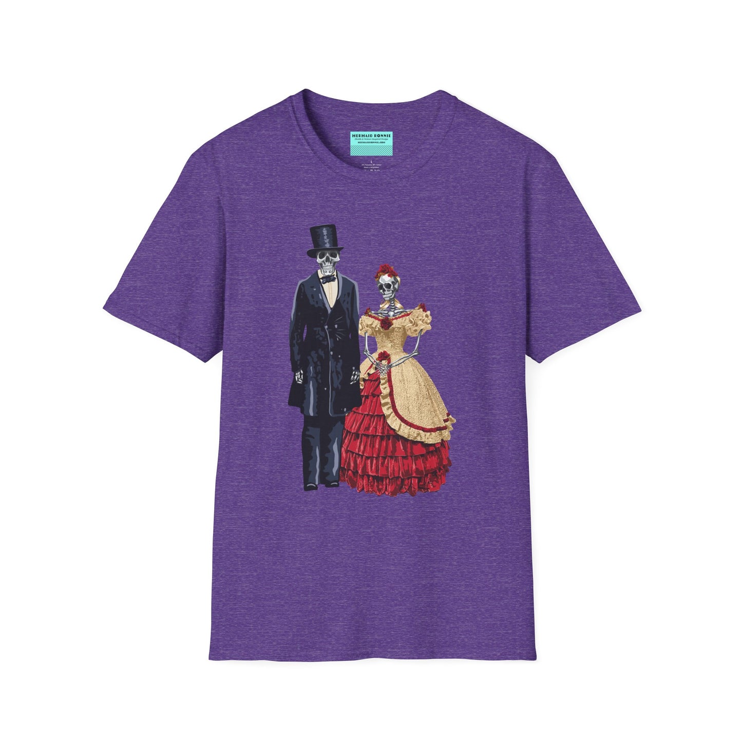 Purple t-shirt featuring skeletons dressed as Abraham and Mary Todd Lincoln, with the skeletons wearing period-specific clothing.