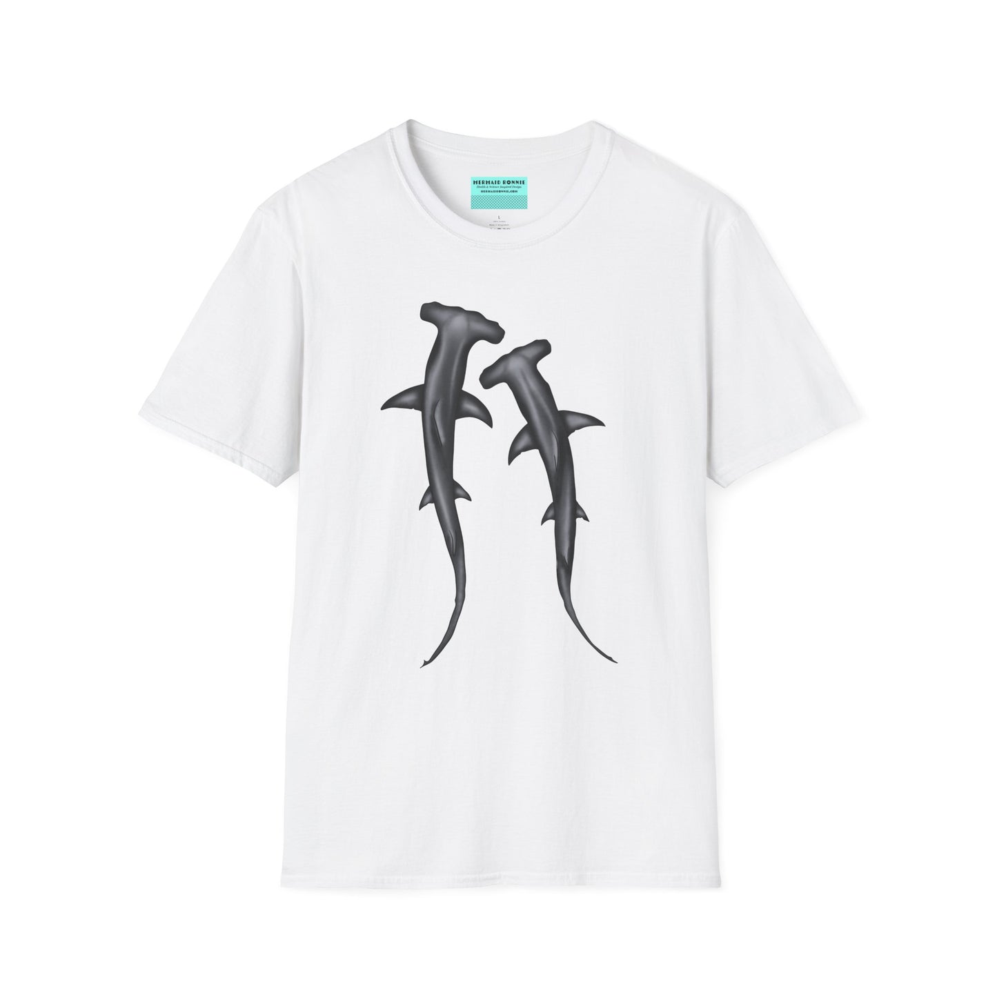White t-shirt featuring an illustration of two hammerhead sharks.