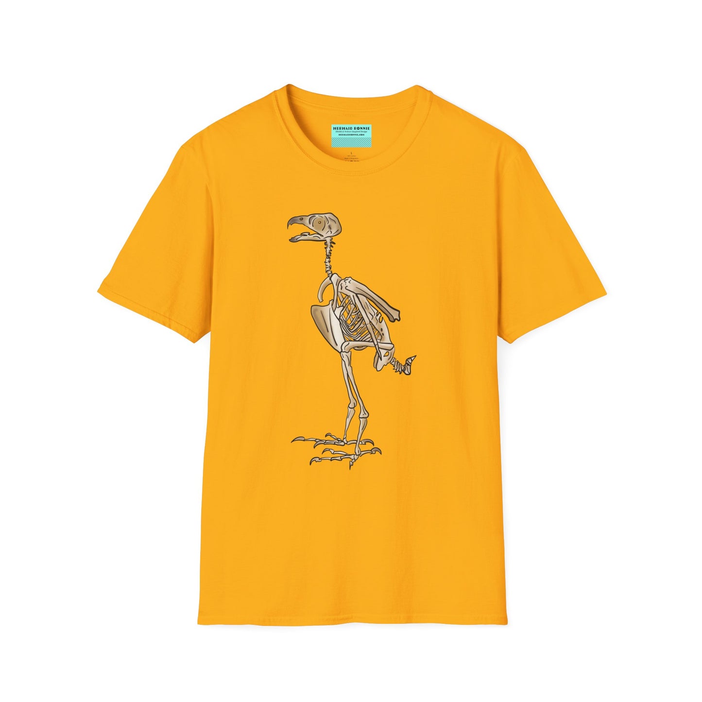 Yellow unisex short sleeve t-shirt featuring a peregrine falcon skeleton—proof that even the fastest creature on Earth looks cool in x-ray vision.