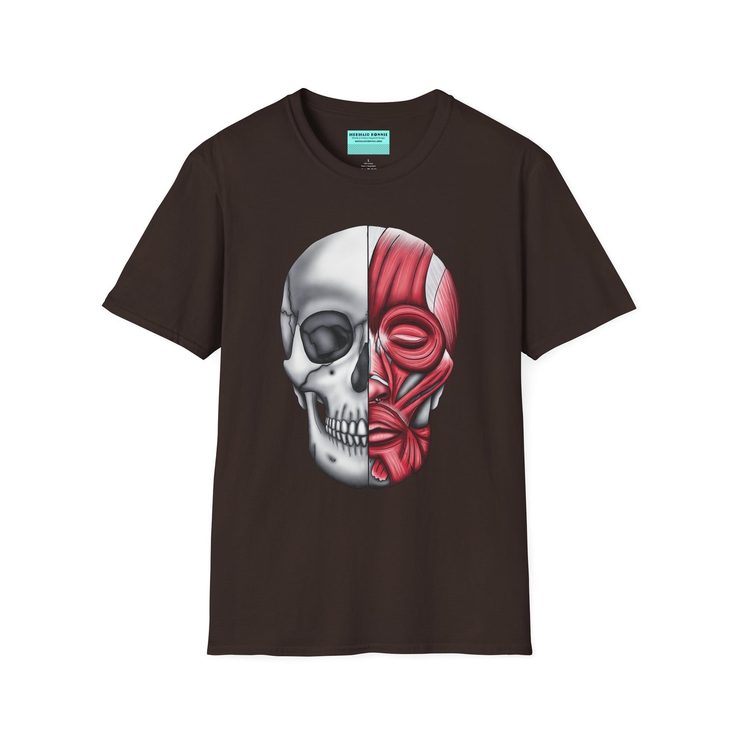 Brown shirt featuring an anatomically correct skull illustration, with half of the skull covered by facial muscles.