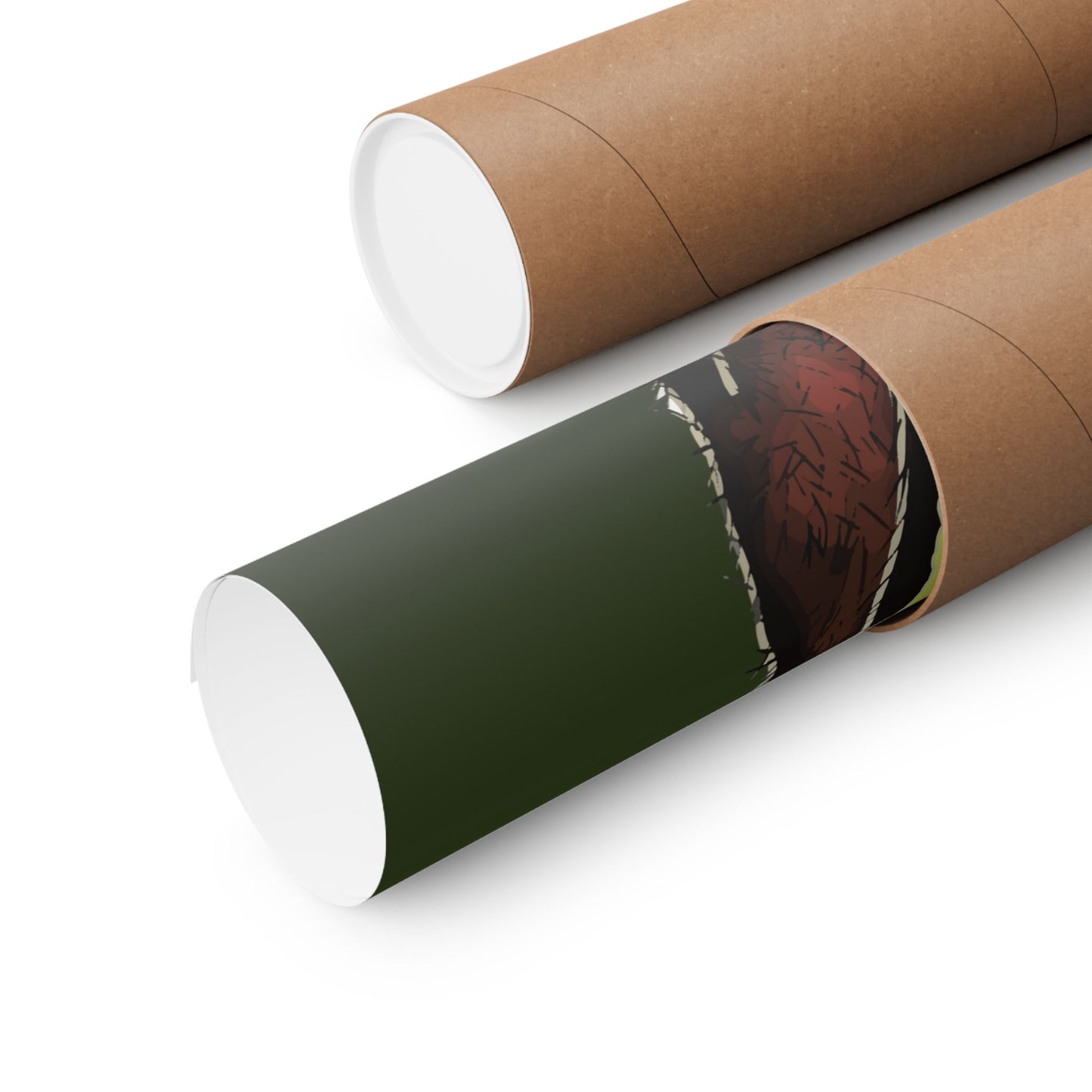 A thought-provoking Schrödinger's Cat poster rolled up and set against a dark green background, featuring a black cat split down the middle—half alive, half dead. The phrase “Schrödinger's Cat” sits boldly across the image, capturing the paradox of quantum physics with a dash of feline mystery.