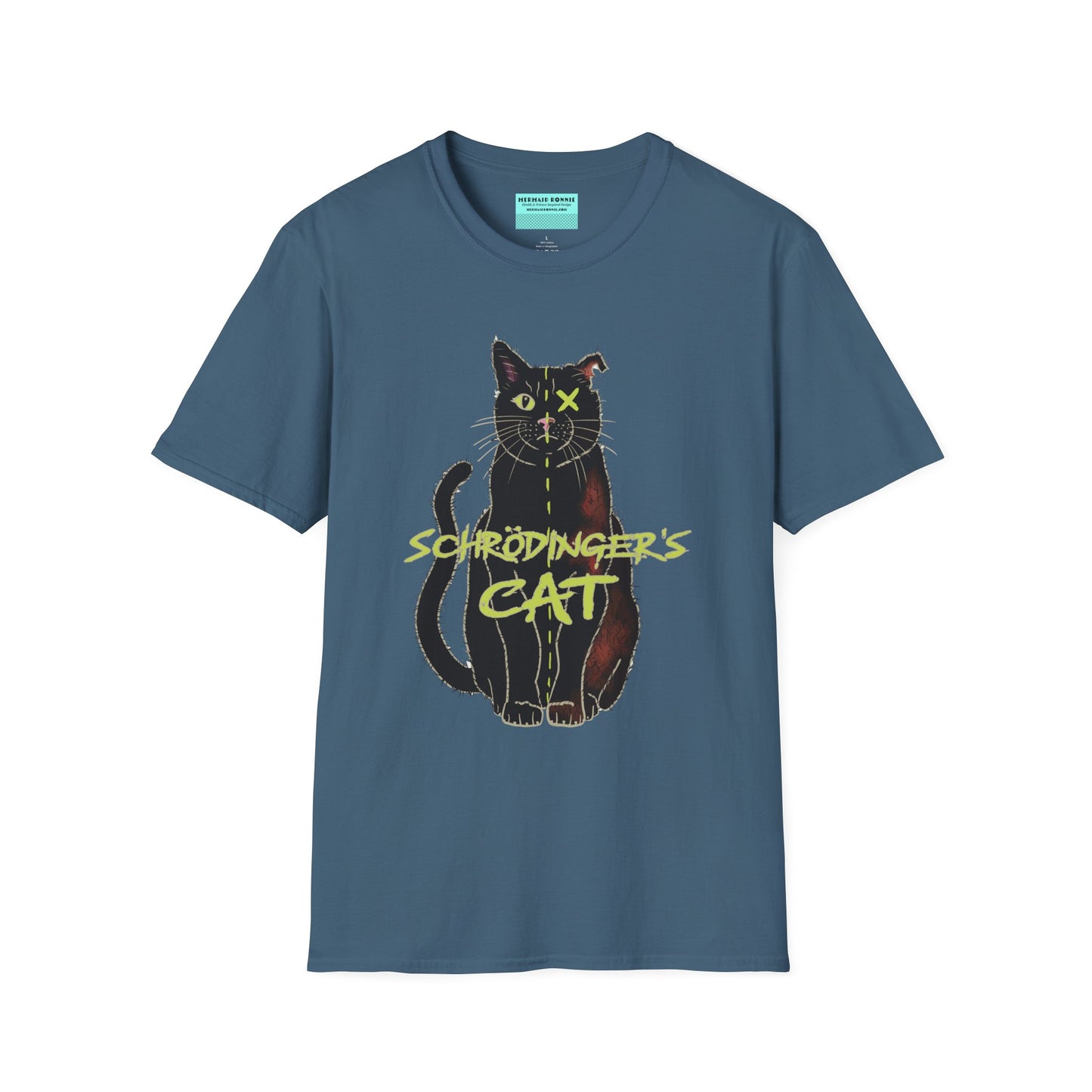 Indigo blue unisex short-sleeve tee featuring the infamous Schrödinger’s cat—half-alive, half-dead, and fully committed to quantum confusion. The feline paradox lounges proudly beneath the words "Schrödinger's Cat," because science jokes are both alive and kicking and six feet under.