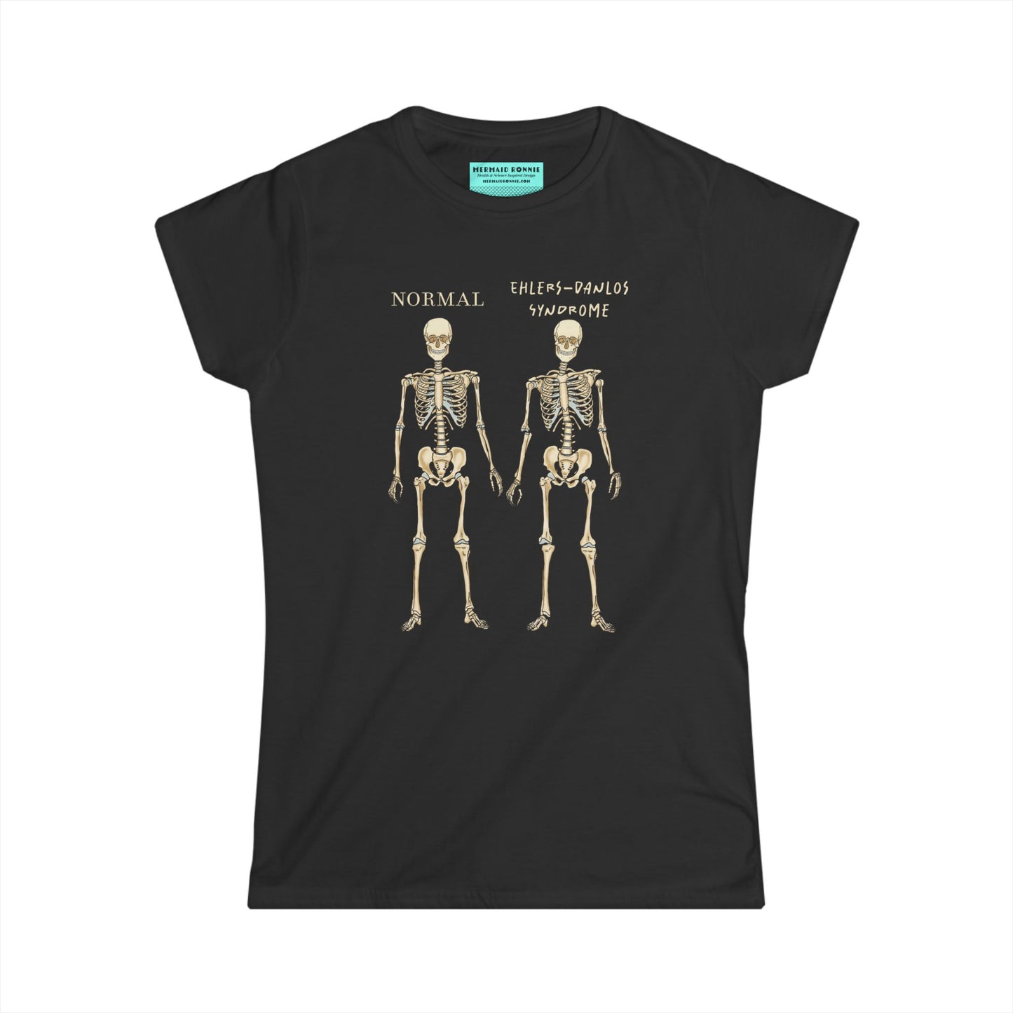 Women’s t-shirt in black with two skeletons side by side. The first is labeled 'Normal' and the second is labeled 'Ehlers-Danlos Syndrome,' visually illustrating the skeletal effects of EDS.