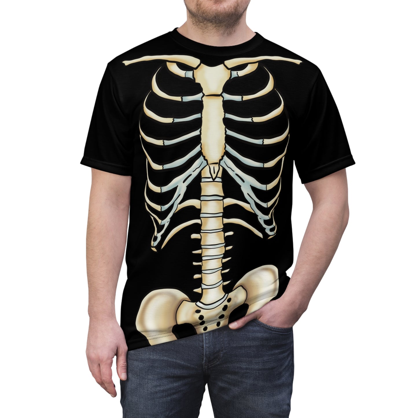 Anterior view of a man wearing a unisex black athletic t-shirt with a detailed anatomical skeleton design that looks like an x-ray—perfect for when you want to flex your muscles and your inner structure.