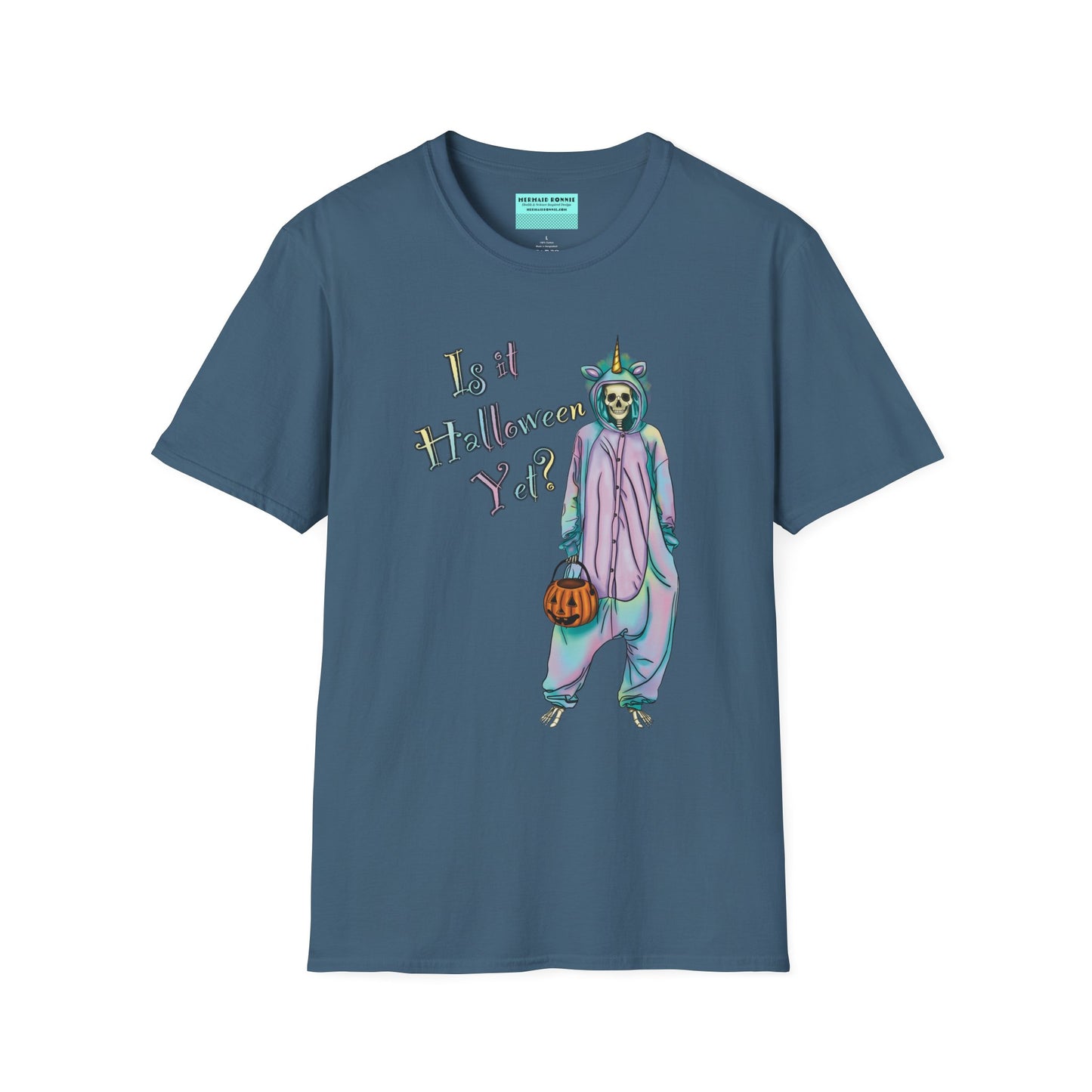Indigo blue t-shirt featuring a drawing of a skeleton in a unicorn costume onesie, with the phrase 'Is it Halloween yet?' printed on it.