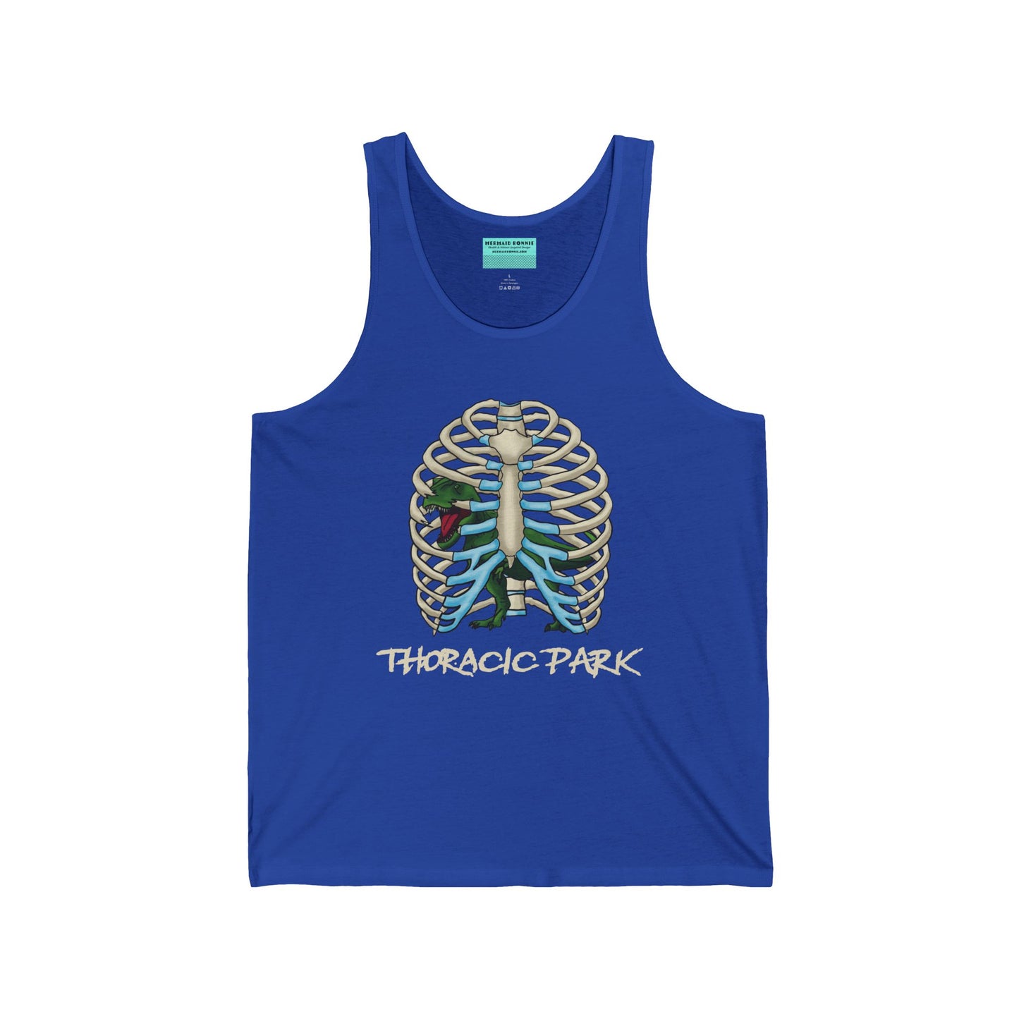 A royal blue unisex tank top featuring a ribcage with a T-Rex inside, and the punny text "Thoracic Park"—perfect for fans of both dino-sized humor and anatomy!