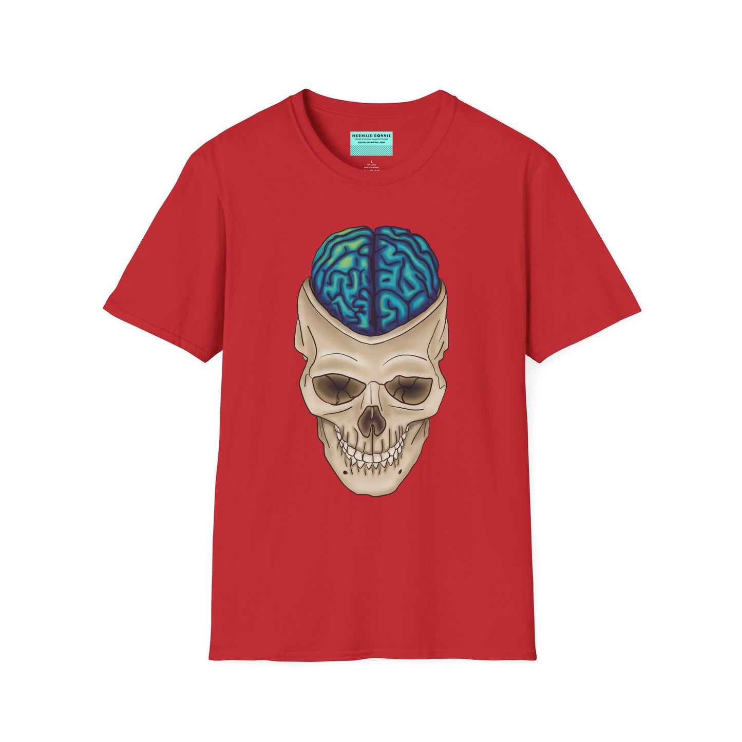 Red t-shirt featuring a drawing of an anatomical skull, with a brain emerging from the top.