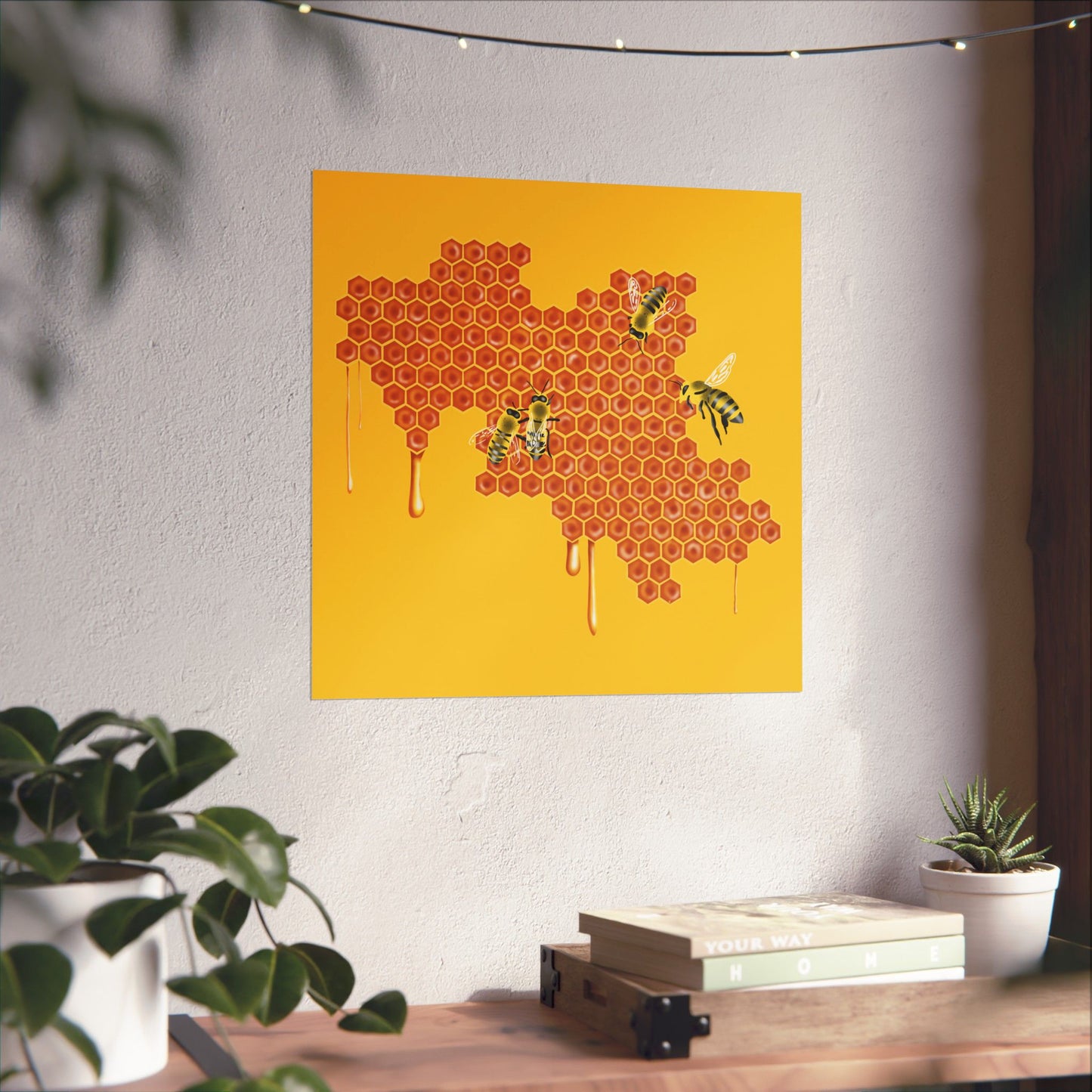 Honeybees on Honeycomb Wall Art Print, Dripping Honey, Yellow and Orange Nature Poster