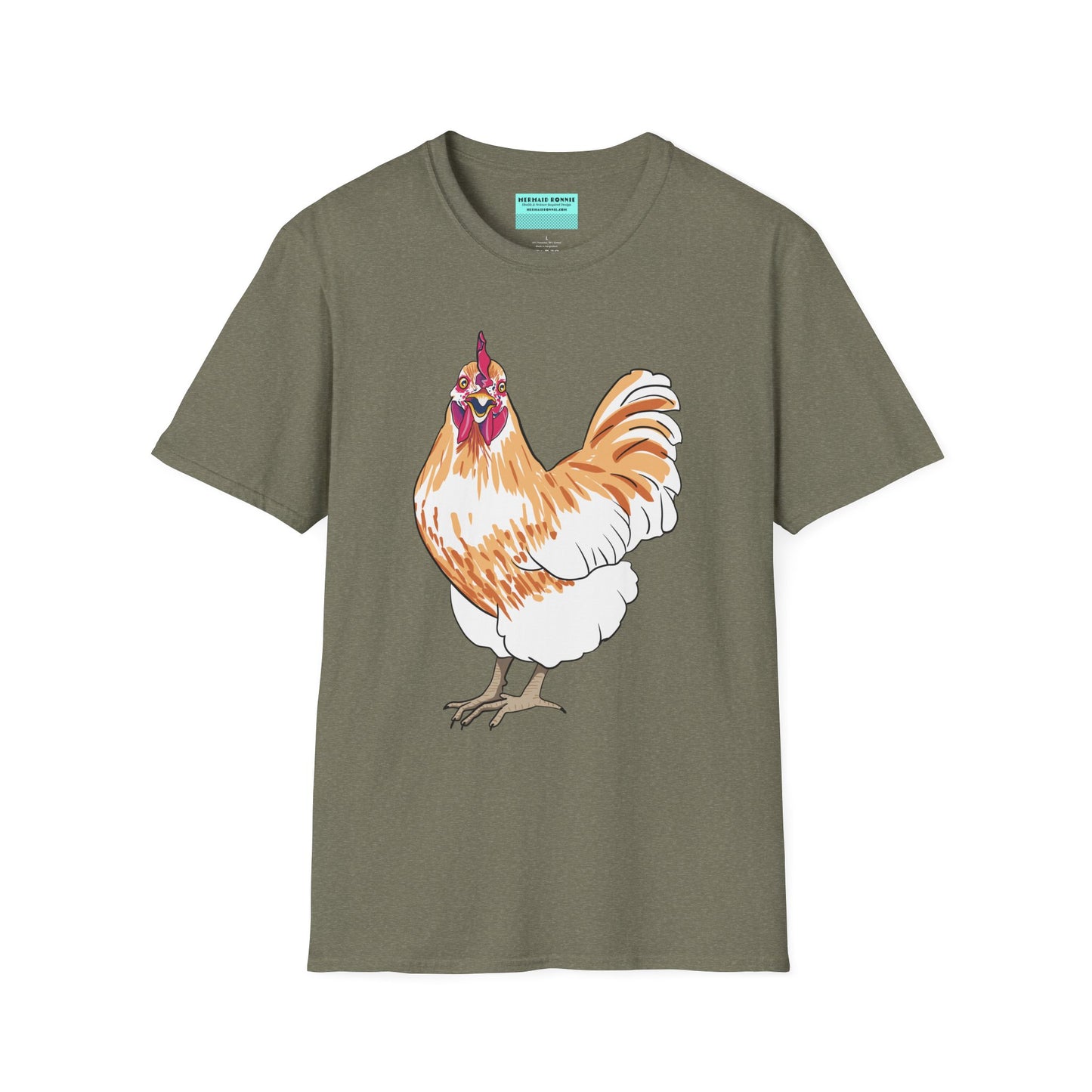 Green t-shirt featuring an illustration of a chicken.