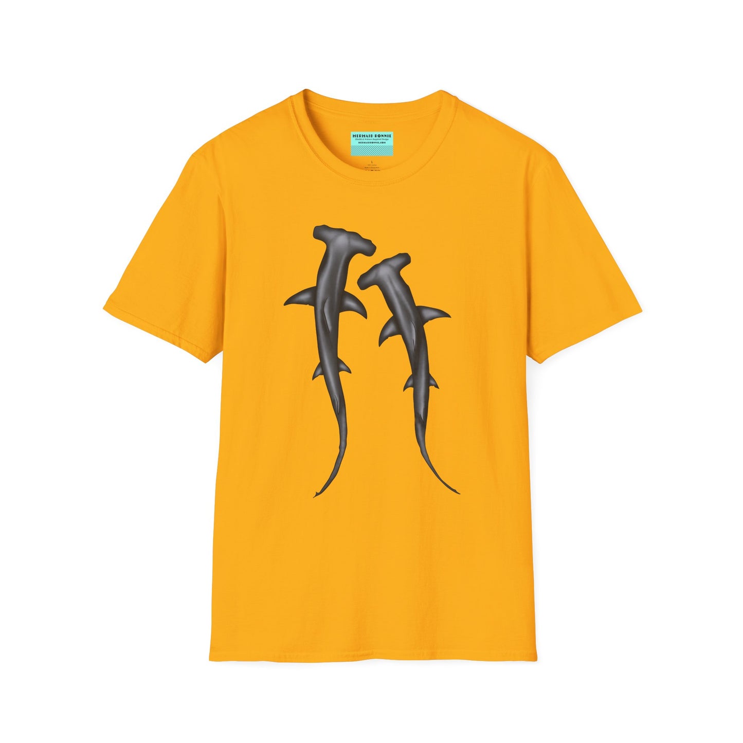 Yellow t-shirt featuring an illustration of two hammerhead sharks.