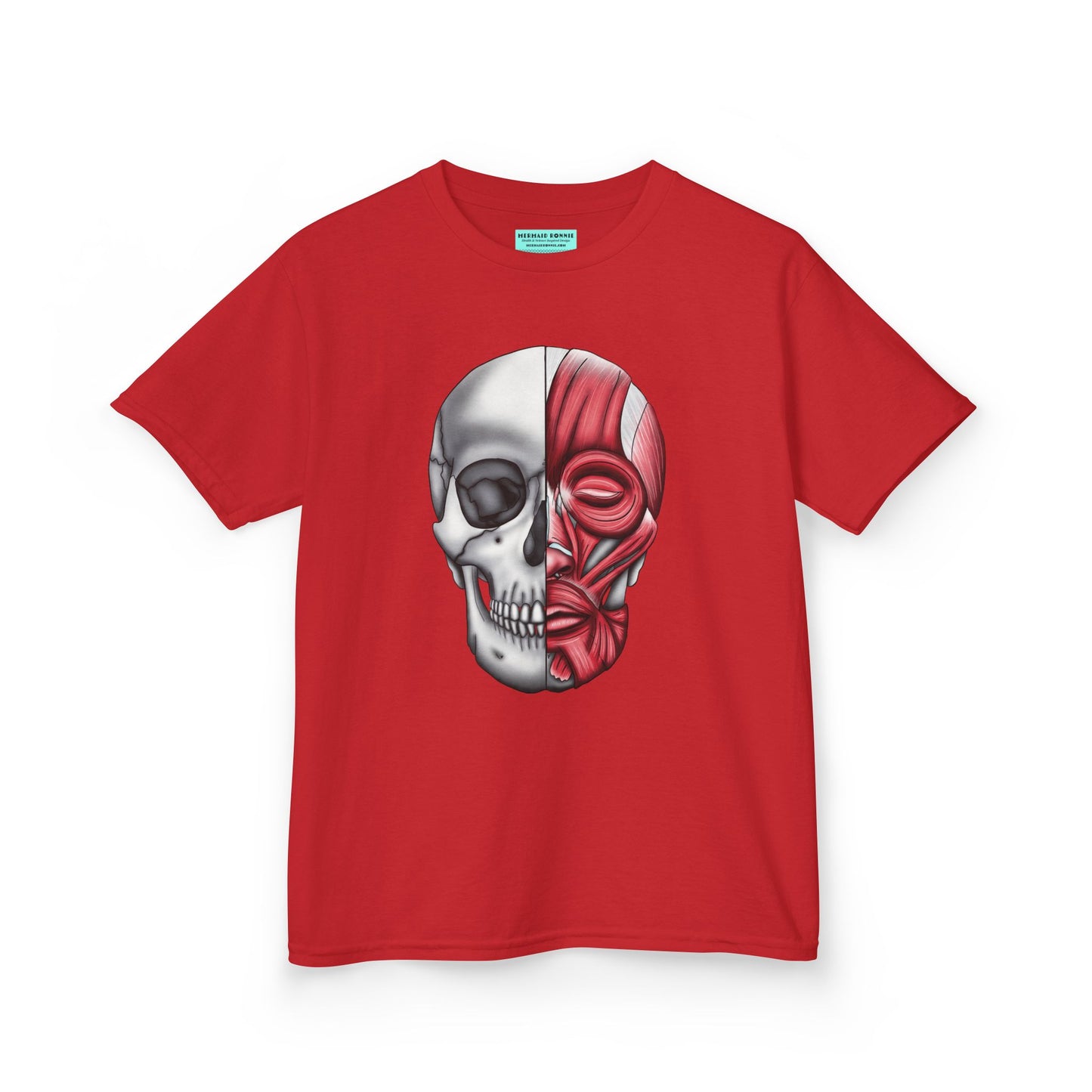 Kids' t-shirt in red featuring an anatomical drawing of a human skull, with facial muscles illustrated on one half of the skull.