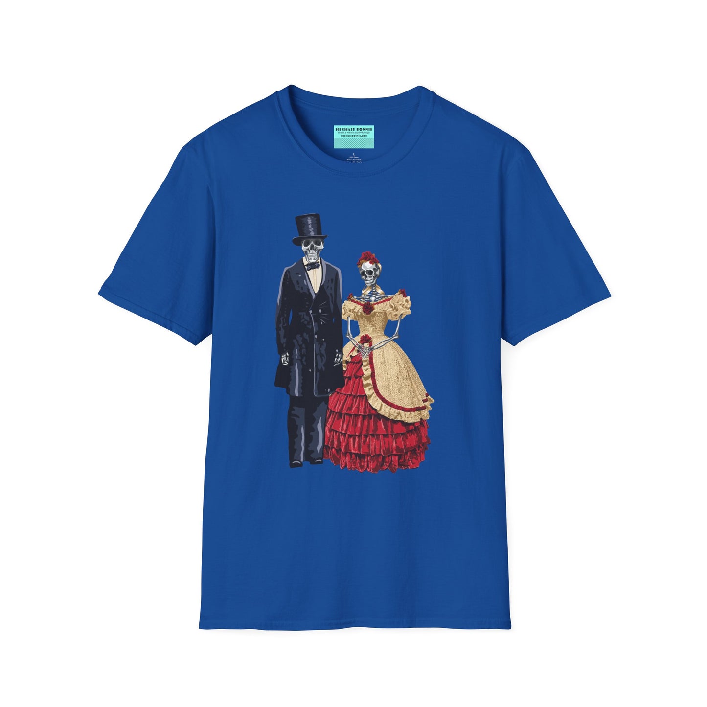 Blue t-shirt featuring skeletons dressed as Abraham and Mary Todd Lincoln, with the skeletons wearing period-specific clothing.