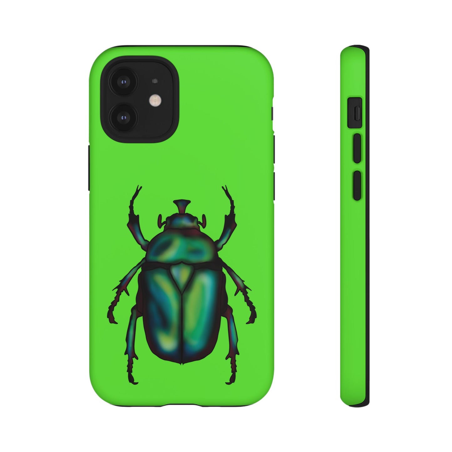 Lime green phone case featuring a dazzling illustration of a green and blue June bug—this iridescent little beetle brings all the shine without the buzz. Showing the back and side view.