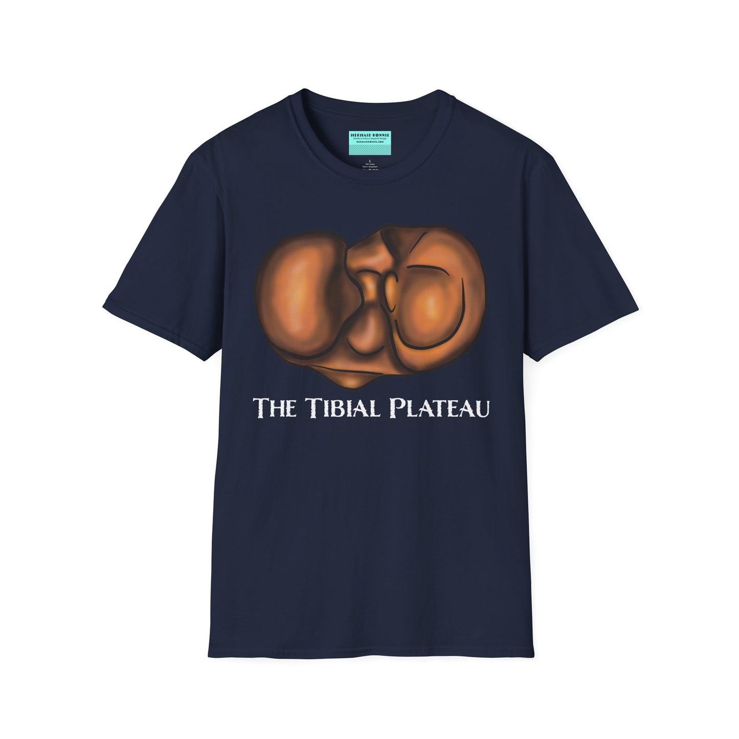 Navy unisex short sleeve tee featuring a clever anatomical illustration of the tibial plateau, reimagined as a landscape with rolling hills—because who knew the tibia could be so scenic?